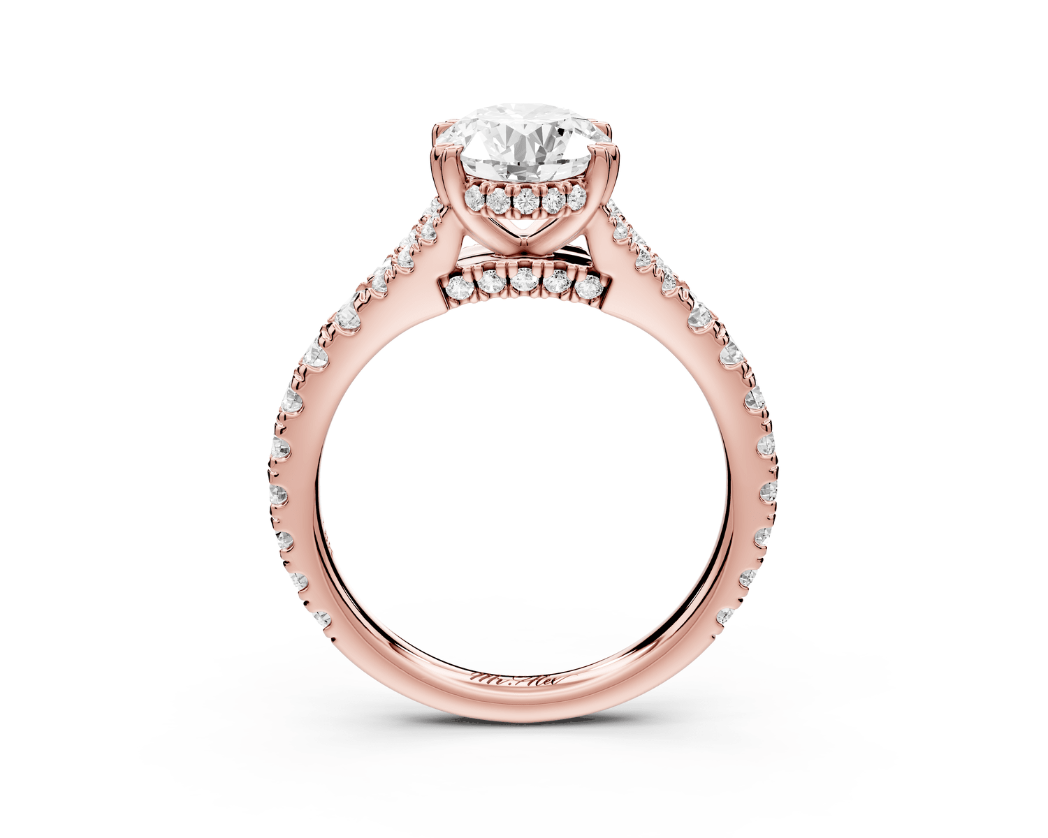 Rosalie - 2ct 18k rose gold oval Pavé Cathedral Hidden Halo with Diamond Bridge split shank Engagement Ring - Mr. Alex Jewelry