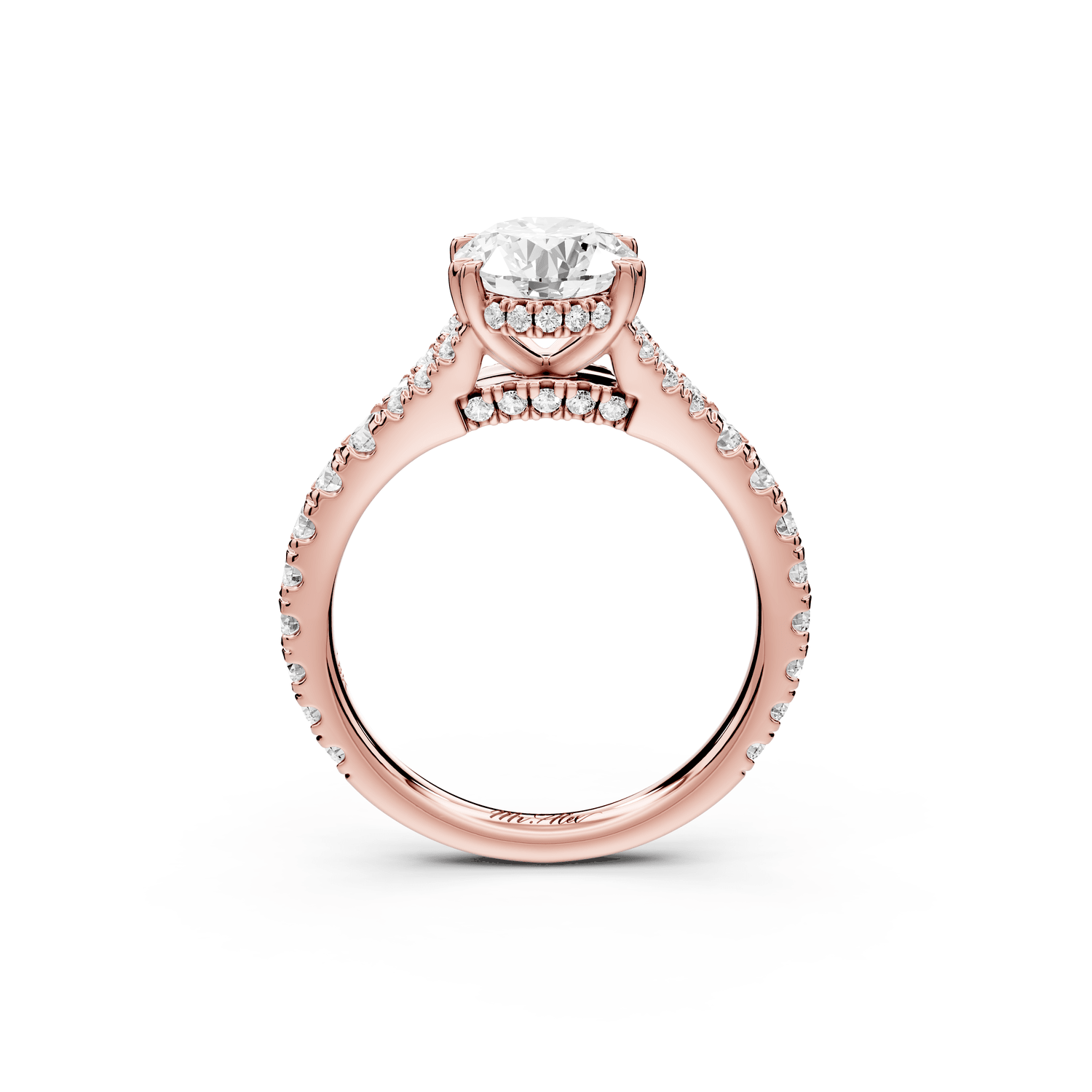Rosalie - 2ct 18k rose gold oval Pavé Cathedral Hidden Halo with Diamond Bridge split shank Engagement Ring - Mr. Alex Jewelry