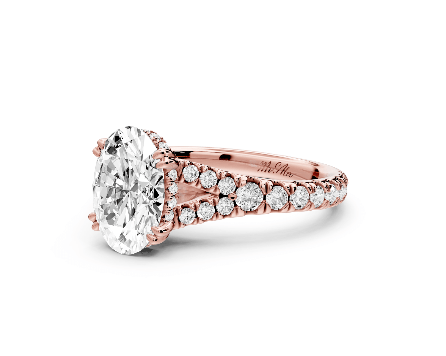 Rosalie - 2ct 18k rose gold oval Pavé Cathedral Hidden Halo with Diamond Bridge split shank Engagement Ring - Mr. Alex Jewelry