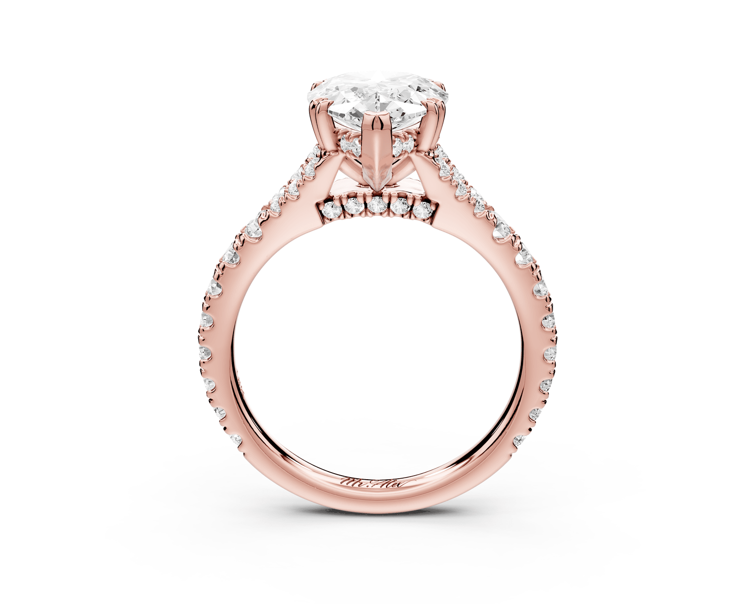 Rosalie - 2ct 18k rose gold pear Pavé Cathedral Hidden Halo with Diamond Bridge split shank Engagement Ring - Mr. Alex Jewelry