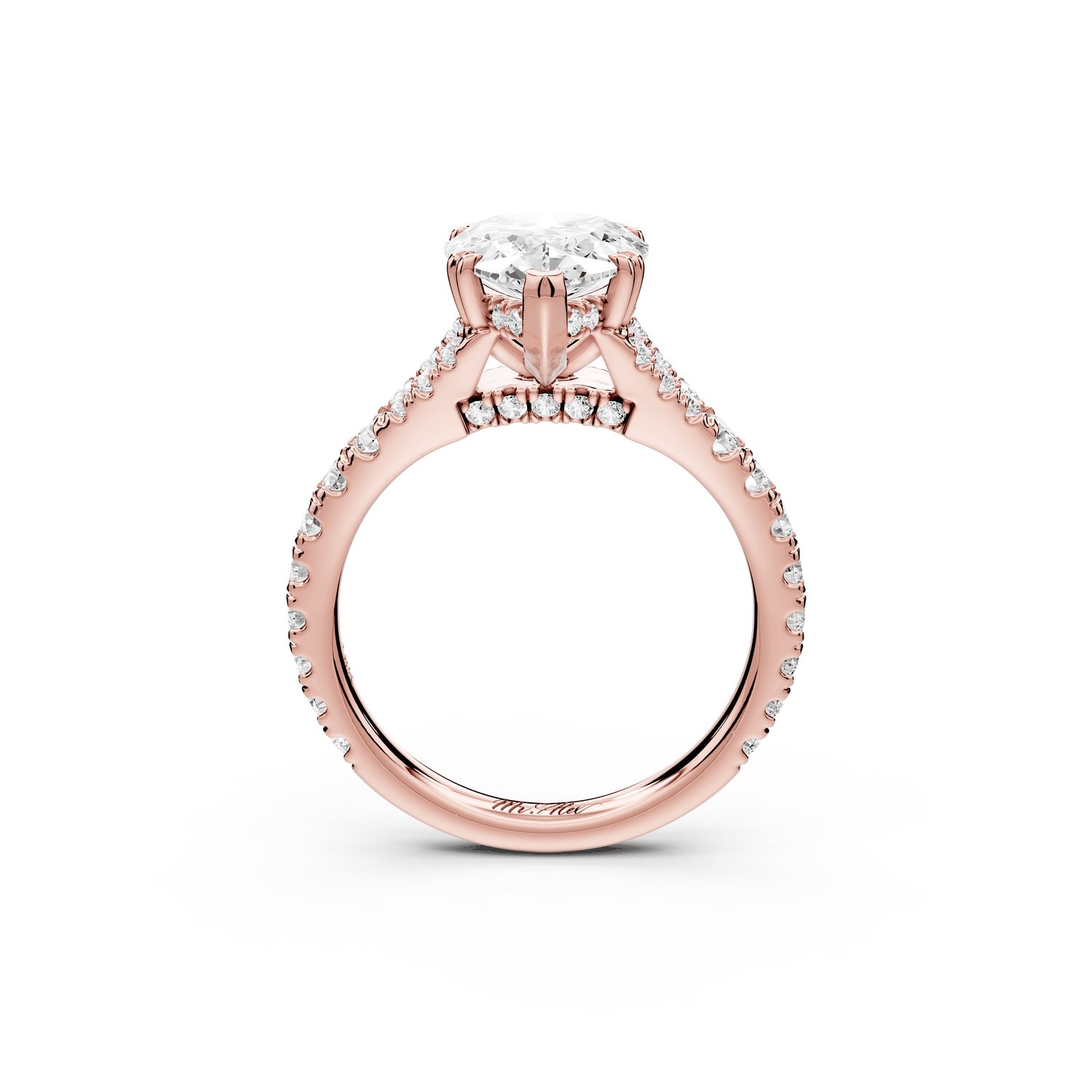 Rosalie - 2ct 18k rose gold pear Pavé Cathedral Hidden Halo with Diamond Bridge split shank Engagement Ring - Mr. Alex Jewelry
