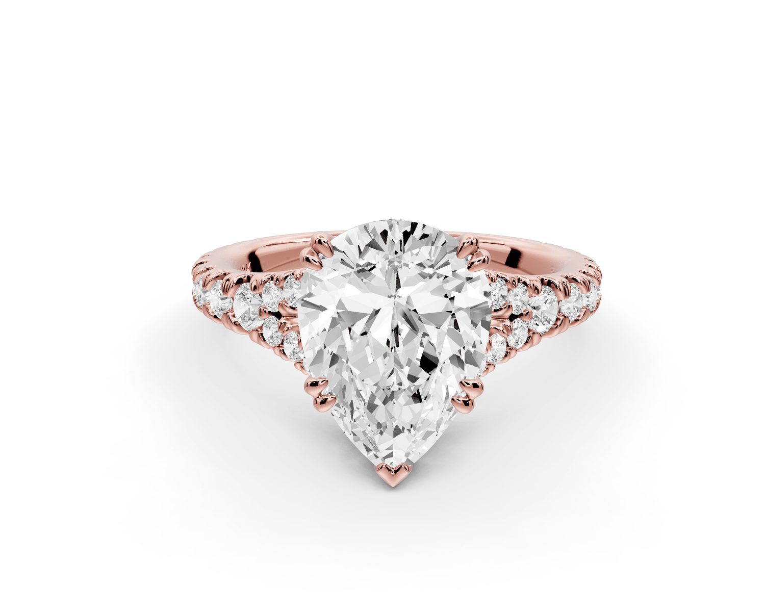 Rosalie - 2ct 18k rose gold pear Pavé Cathedral Hidden Halo with Diamond Bridge split shank Engagement Ring - Mr. Alex Jewelry