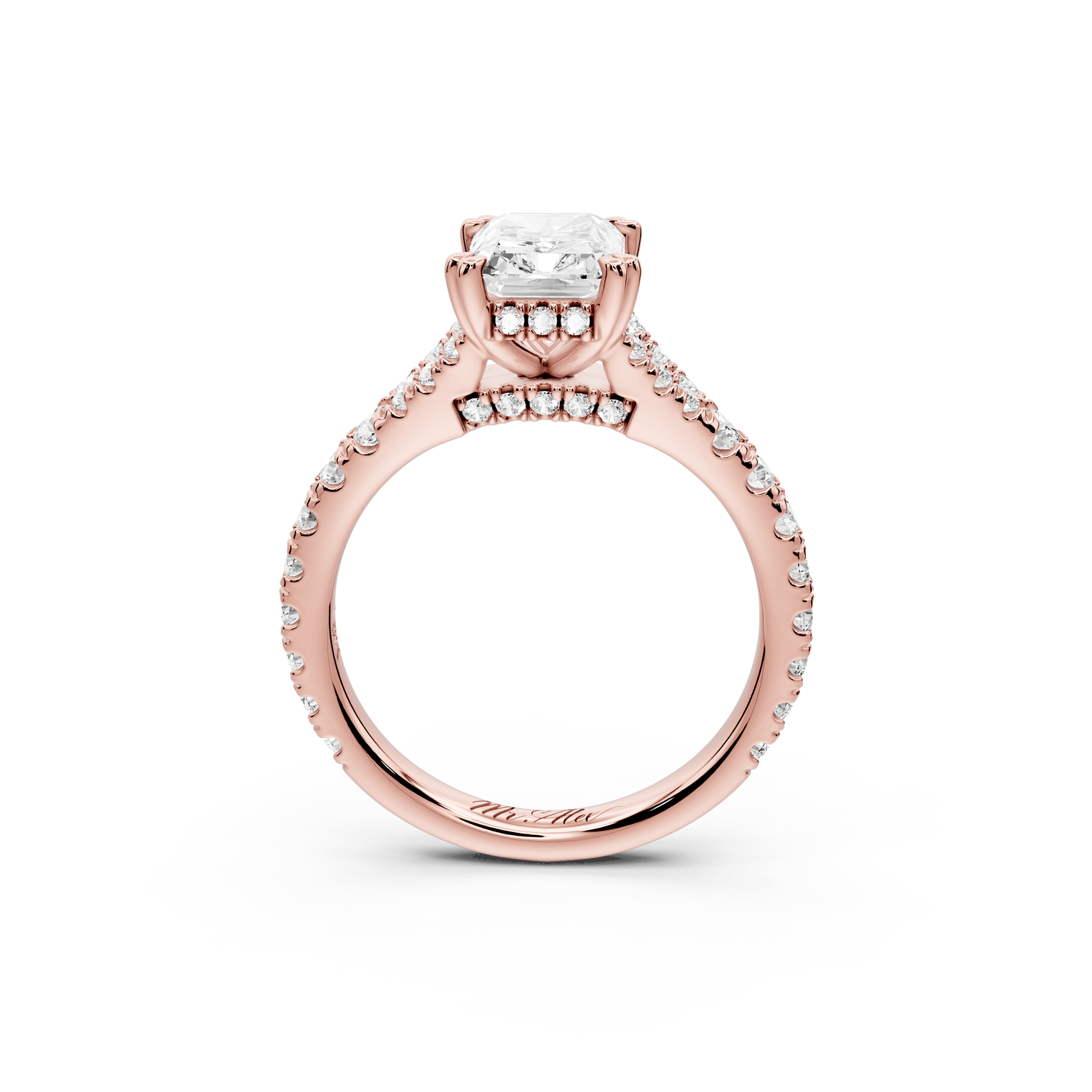 Rosalie - 2ct 18k rose gold radiant Pavé Cathedral Hidden Halo with Diamond Bridge split shank Engagement Ring - Mr. Alex Jewelry