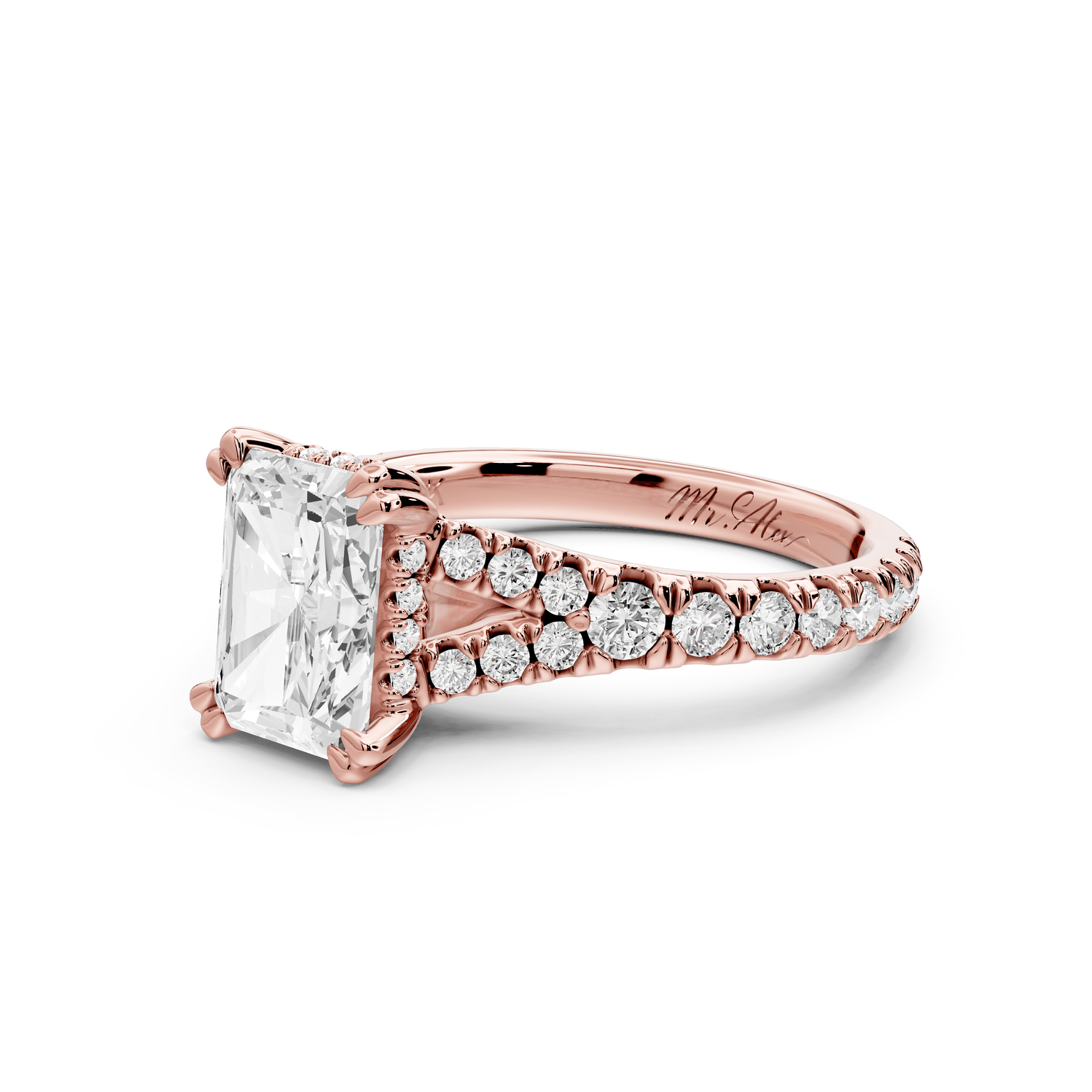 Rosalie - 2ct 18k rose gold radiant Pavé Cathedral Hidden Halo with Diamond Bridge split shank Engagement Ring - Mr. Alex Jewelry