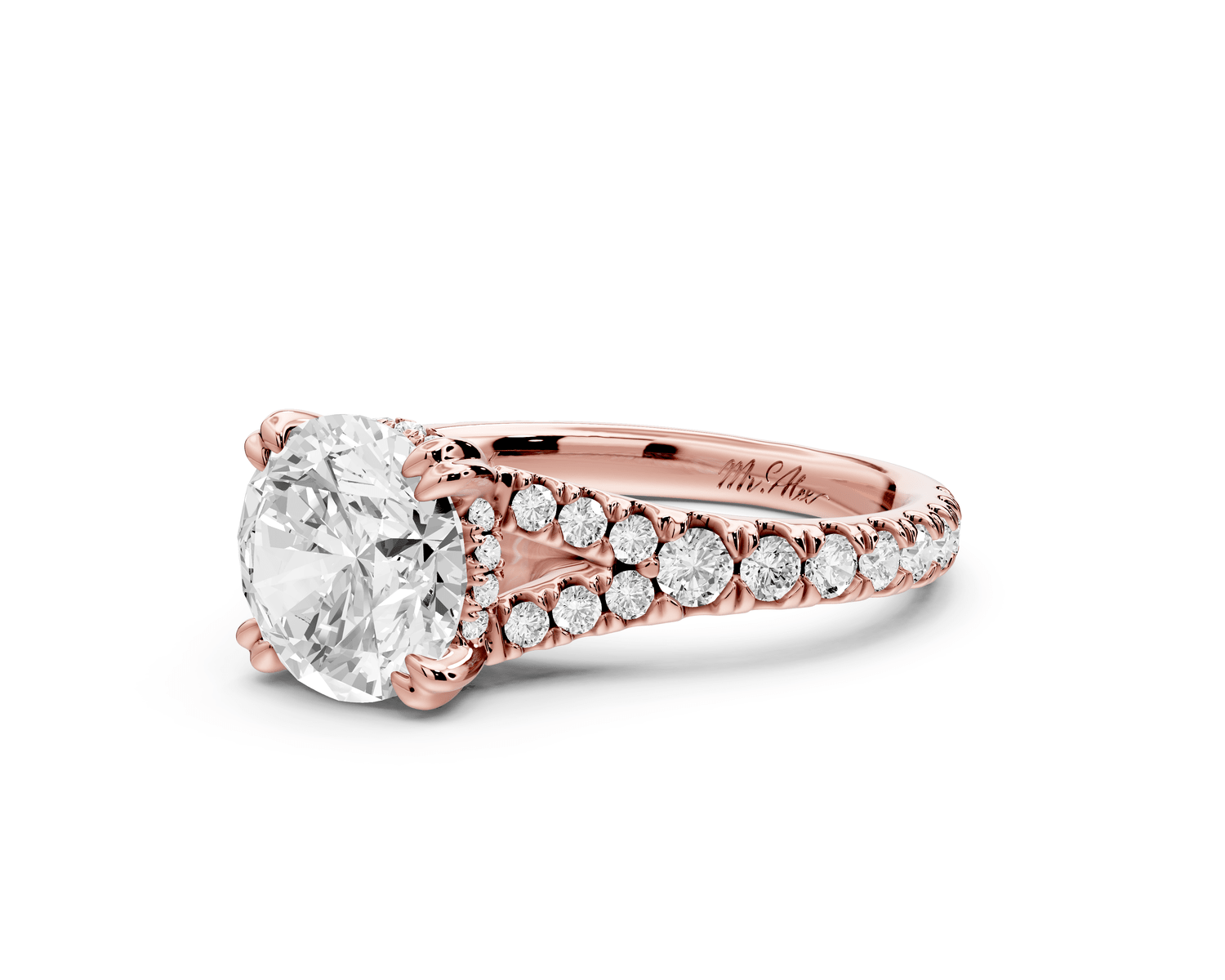 Rosalie - 2ct 18k rose gold round Pavé Cathedral Hidden Halo with Diamond Bridge split shank Engagement Ring - Mr. Alex Jewelry