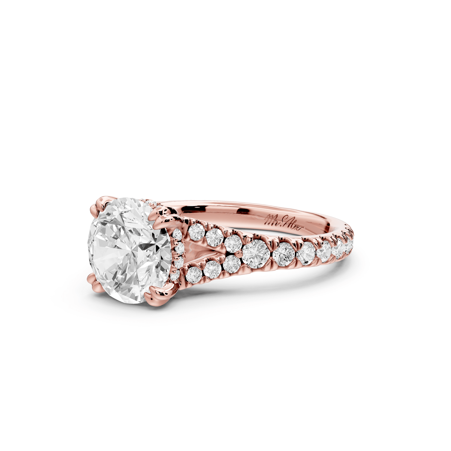 Rosalie - 2ct 18k rose gold round Pavé Cathedral Hidden Halo with Diamond Bridge split shank Engagement Ring - Mr. Alex Jewelry