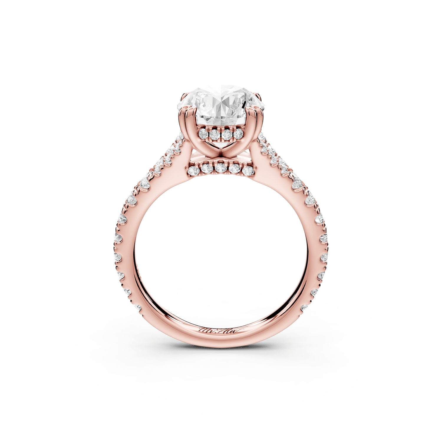 Rosalie - 2ct 18k rose gold round Pavé Cathedral Hidden Halo with Diamond Bridge split shank Engagement Ring - Mr. Alex Jewelry