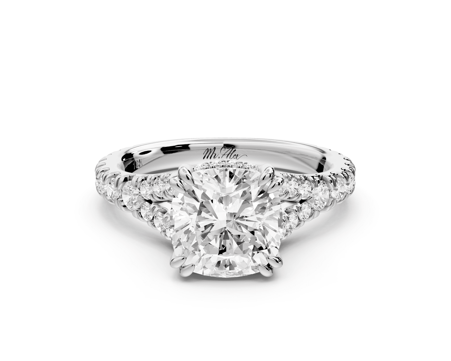 Rosalie - 2ct 18k white gold cushion Pavé Cathedral Hidden Halo with Diamond Bridge split shank Engagement Ring - Mr. Alex Jewelry