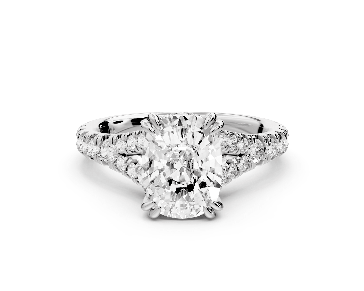 Rosalie - 2ct 18k white gold ecushion Pavé Cathedral Hidden Halo with Diamond Bridge split shank Engagement Ring - Mr. Alex Jewelry