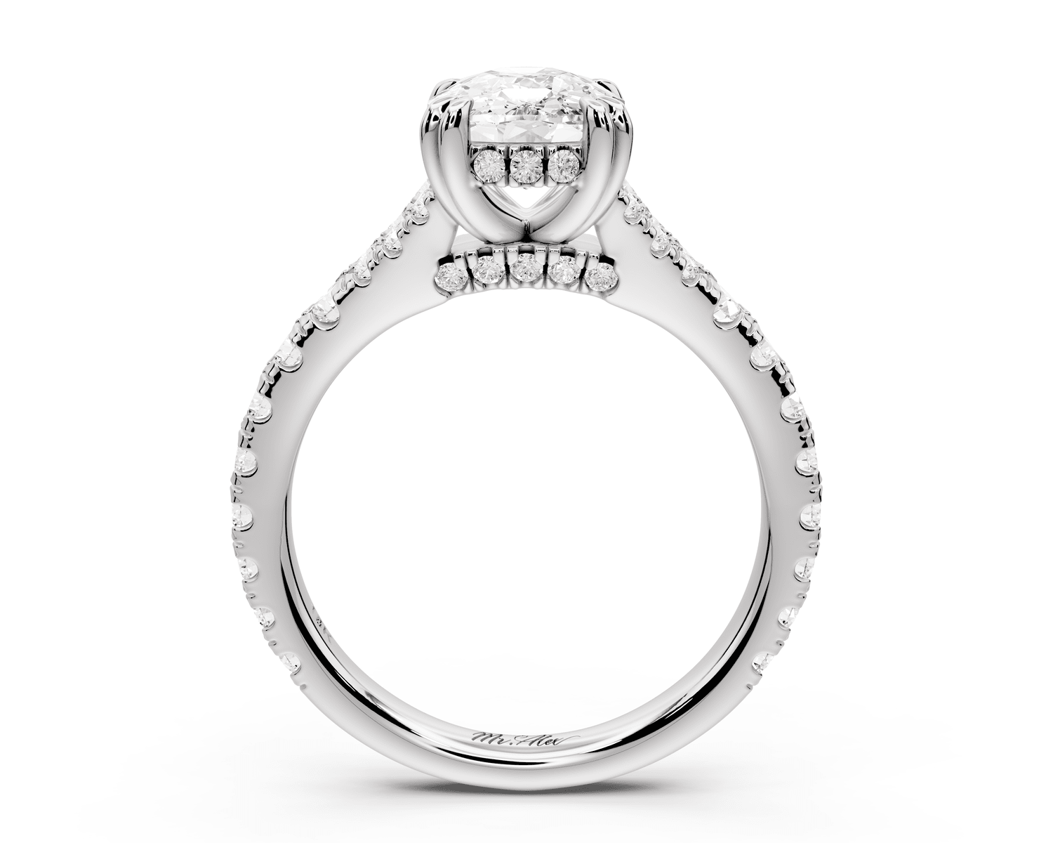 Rosalie - 2ct 18k white gold ecushion Pavé Cathedral Hidden Halo with Diamond Bridge split shank Engagement Ring - Mr. Alex Jewelry