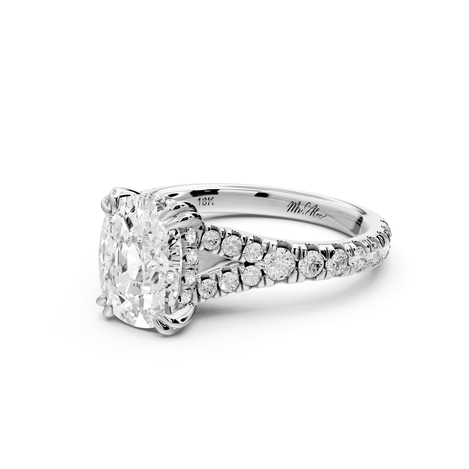 Rosalie - 2ct 18k white gold ecushion Pavé Cathedral Hidden Halo with Diamond Bridge split shank Engagement Ring - Mr. Alex Jewelry