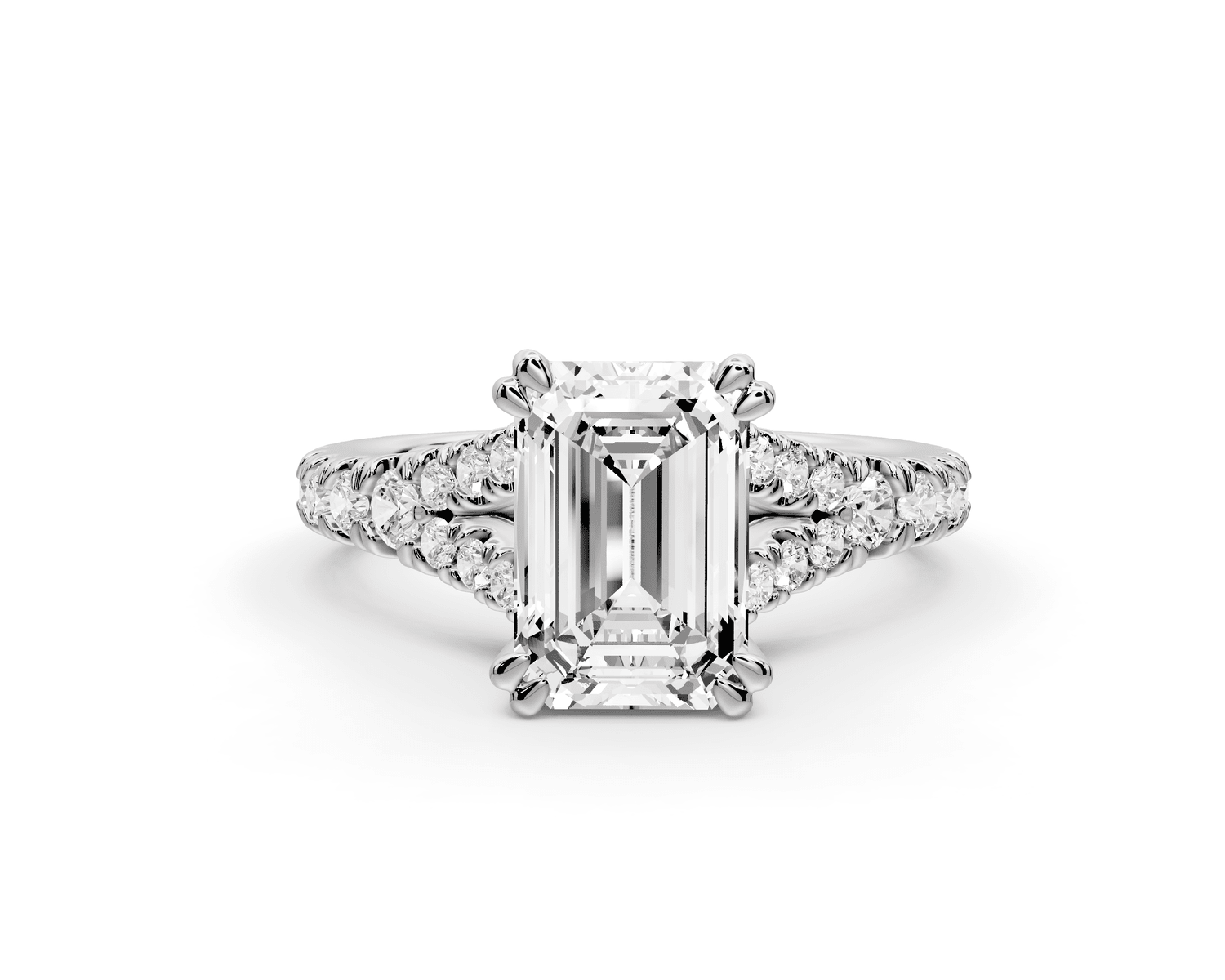 Rosalie - 2ct 18k white gold emerald Pavé Cathedral Hidden Halo with Diamond Bridge split shank Engagement Ring - Mr. Alex Jewelry
