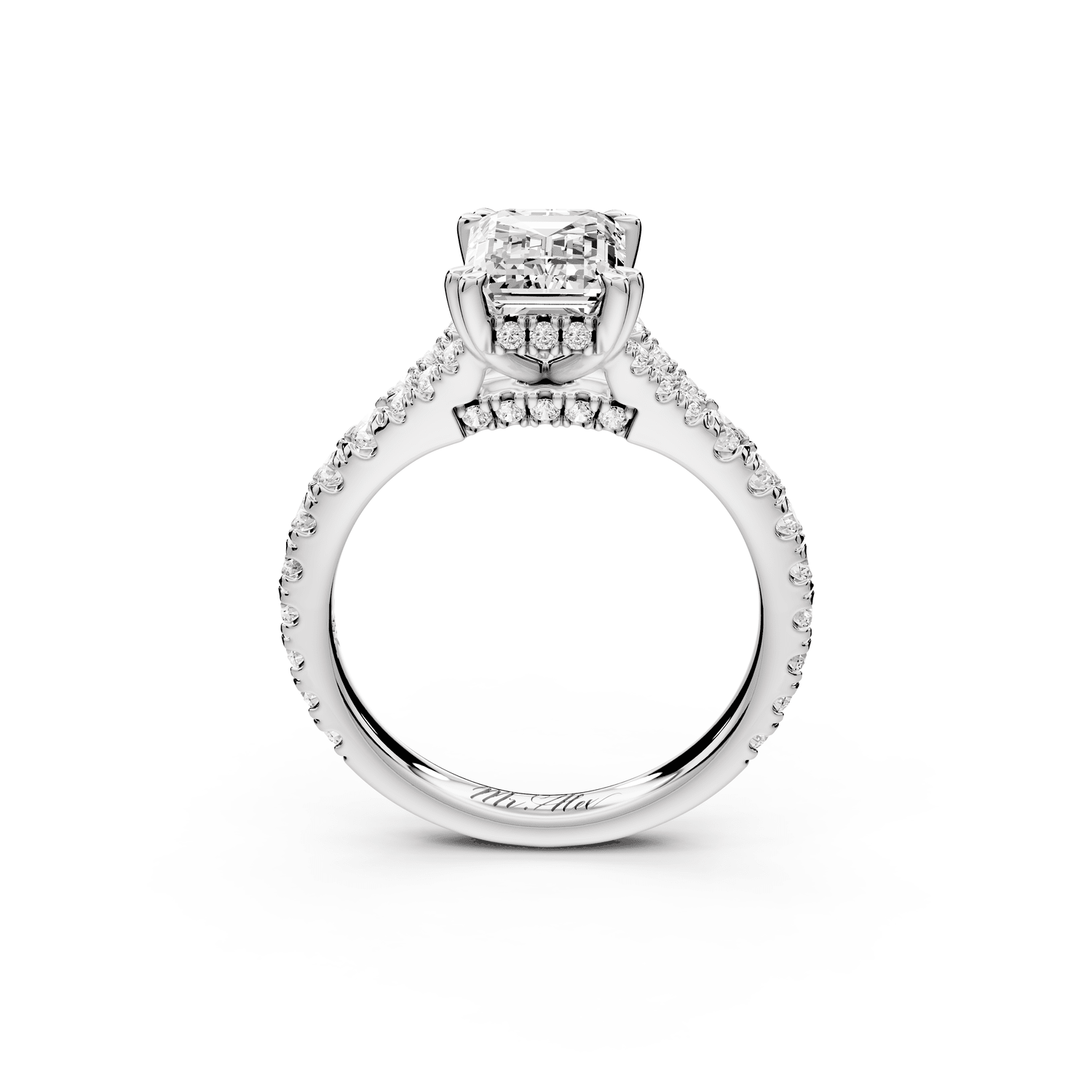 Rosalie - 2ct 18k white gold emerald Pavé Cathedral Hidden Halo with Diamond Bridge split shank Engagement Ring - Mr. Alex Jewelry