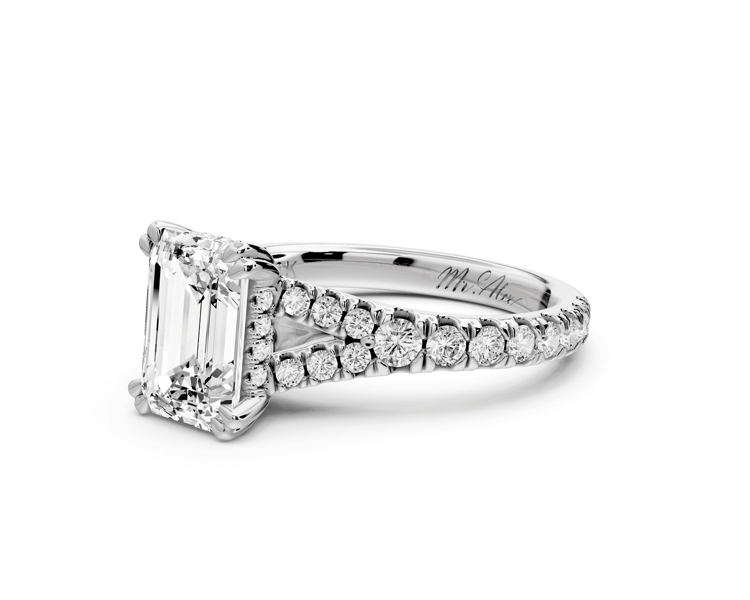 Rosalie - 2ct 18k white gold emerald Pavé Cathedral Hidden Halo with Diamond Bridge split shank Engagement Ring - Mr. Alex Jewelry