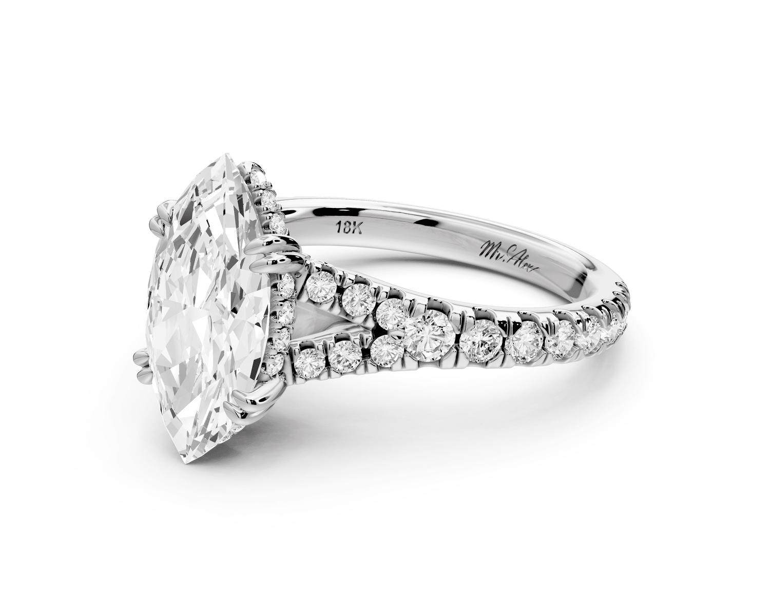 Rosalie - 2ct 18k white gold marquise Pavé Cathedral Hidden Halo with Diamond Bridge split shank Engagement Ring - Mr. Alex Jewelry