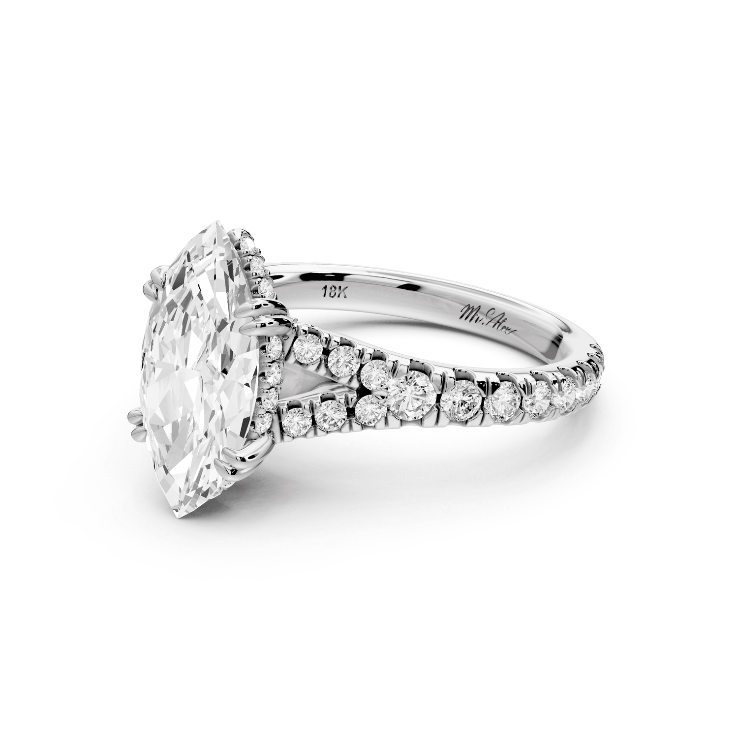 Rosalie - 2ct 18k white gold marquise Pavé Cathedral Hidden Halo with Diamond Bridge split shank Engagement Ring - Mr. Alex Jewelry