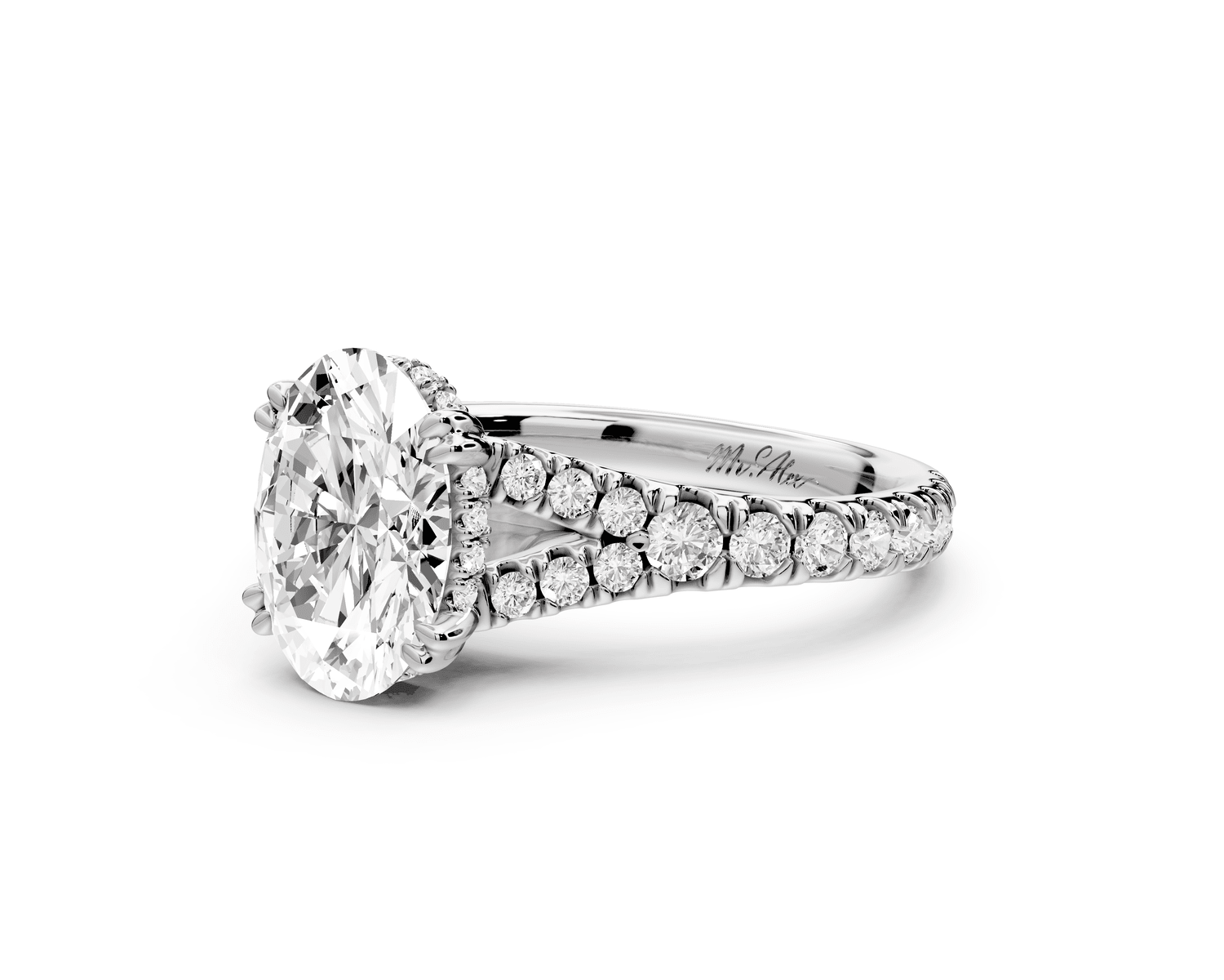 Rosalie - 2ct 18k white gold oval Pavé Cathedral Hidden Halo with Diamond Bridge split shank Engagement Ring - Mr. Alex Jewelry