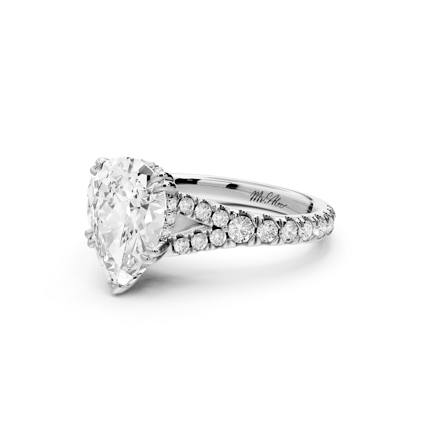 Rosalie - 2ct 18k white gold pear Pavé Cathedral Hidden Halo with Diamond Bridge split shank Engagement Ring - Mr. Alex Jewelry