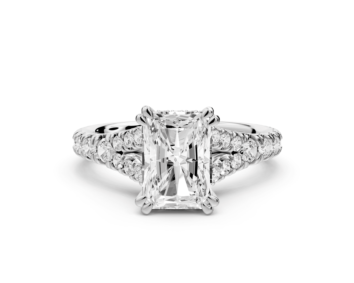 Rosalie - 2ct 18k white gold radiant Pavé Cathedral Hidden Halo with Diamond Bridge split shank Engagement Ring - Mr. Alex Jewelry