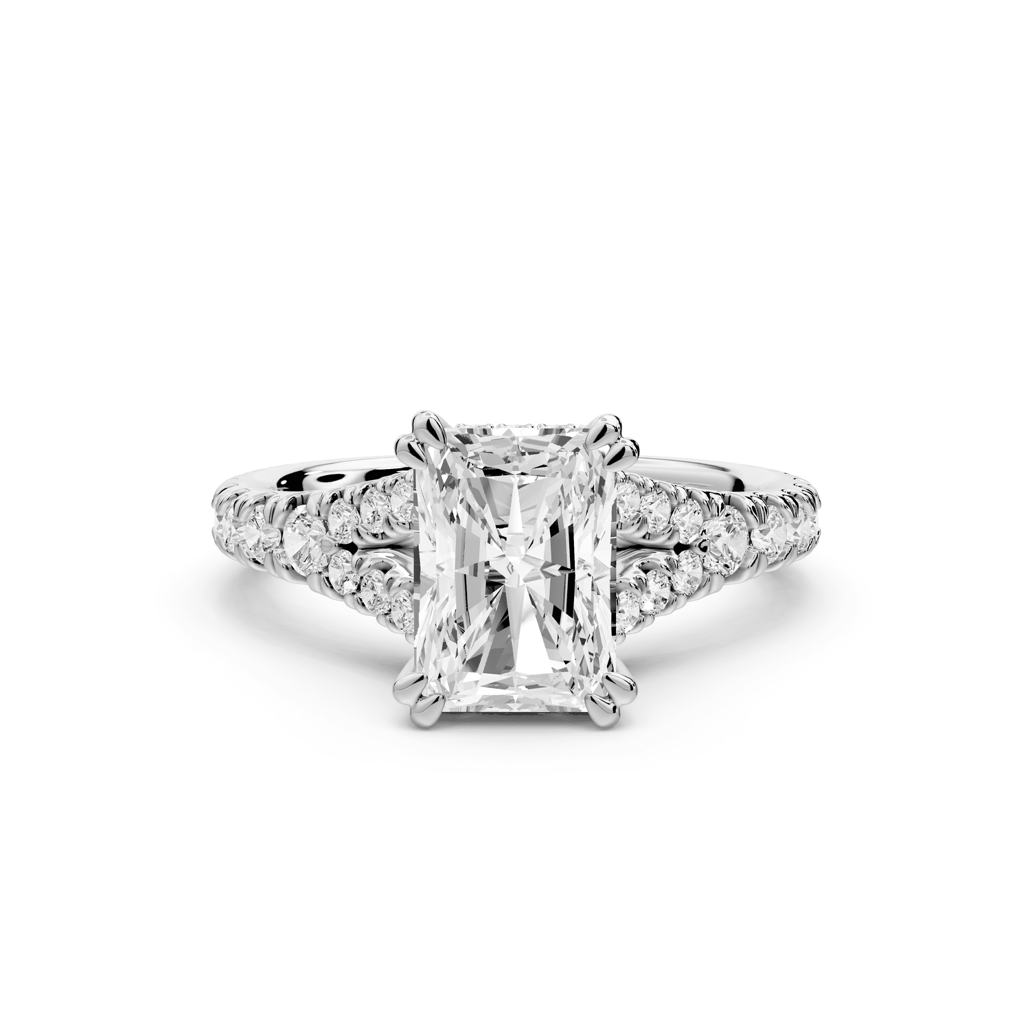 Rosalie - 2ct 18k white gold radiant Pavé Cathedral Hidden Halo with Diamond Bridge split shank Engagement Ring - Mr. Alex Jewelry