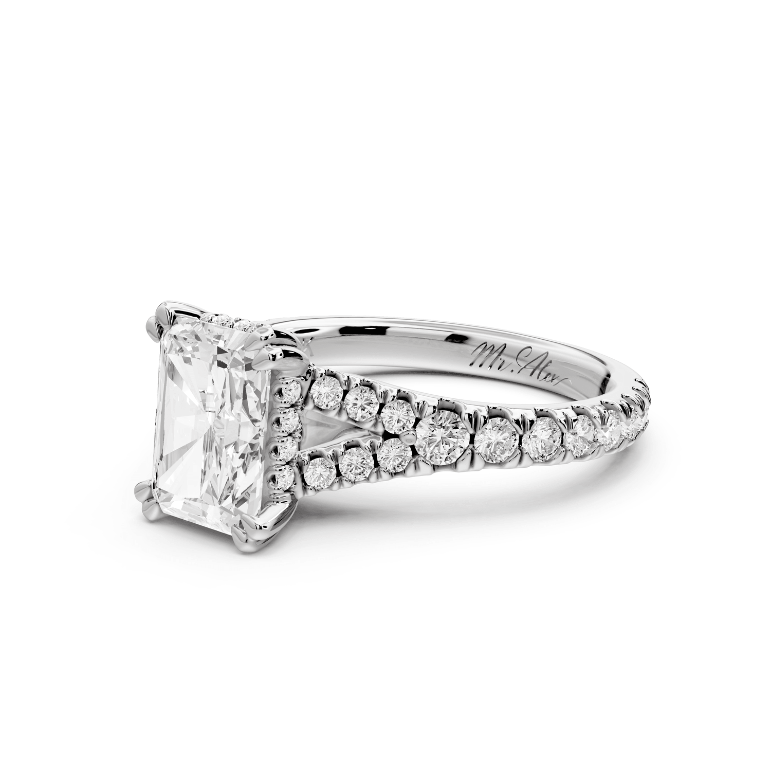 Rosalie - 2ct 18k white gold radiant Pavé Cathedral Hidden Halo with Diamond Bridge split shank Engagement Ring - Mr. Alex Jewelry