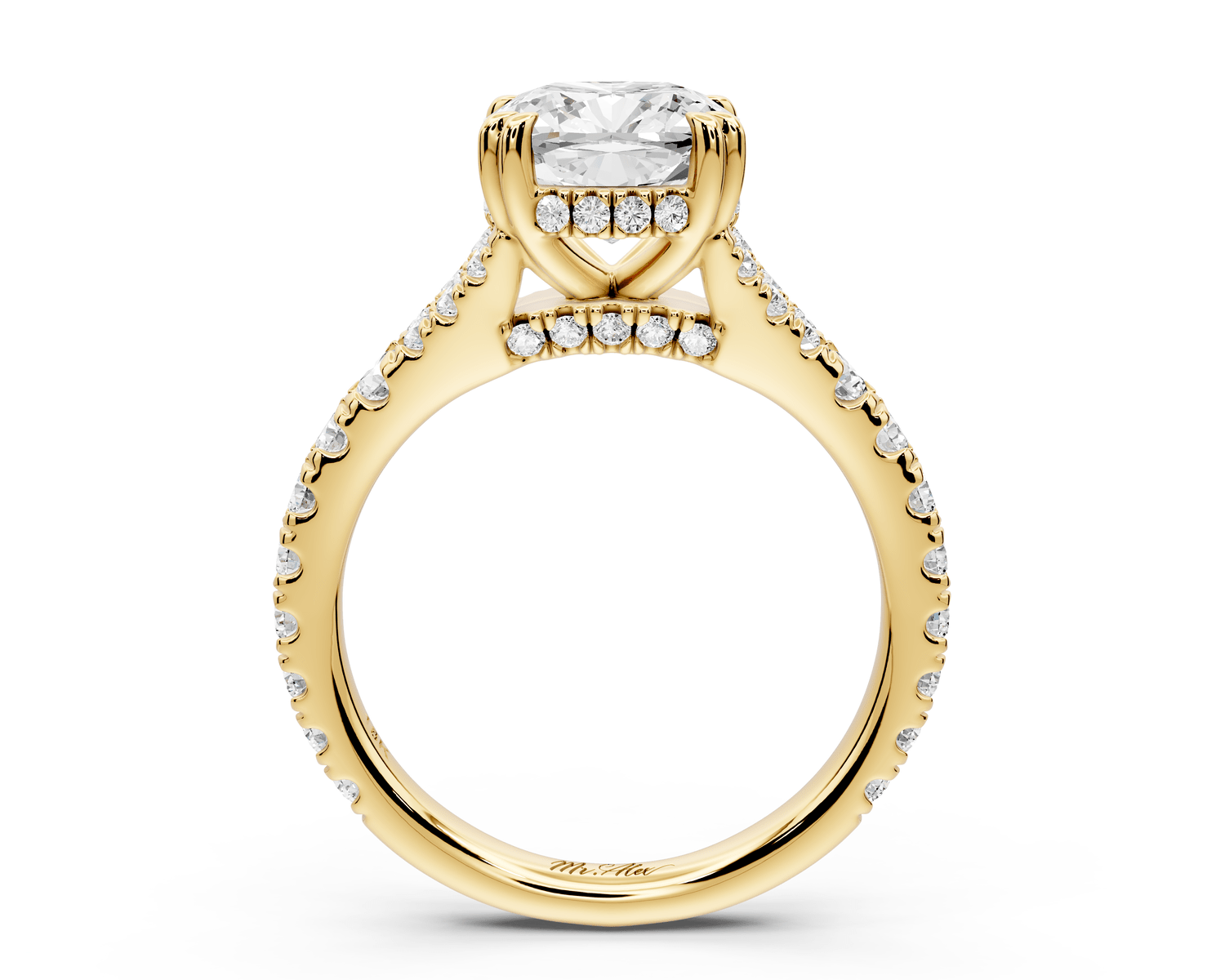 Rosalie - 2ct 18k yellow gold cushion Pavé Cathedral Hidden Halo with Diamond Bridge split shank Engagement Ring - Mr. Alex Jewelry