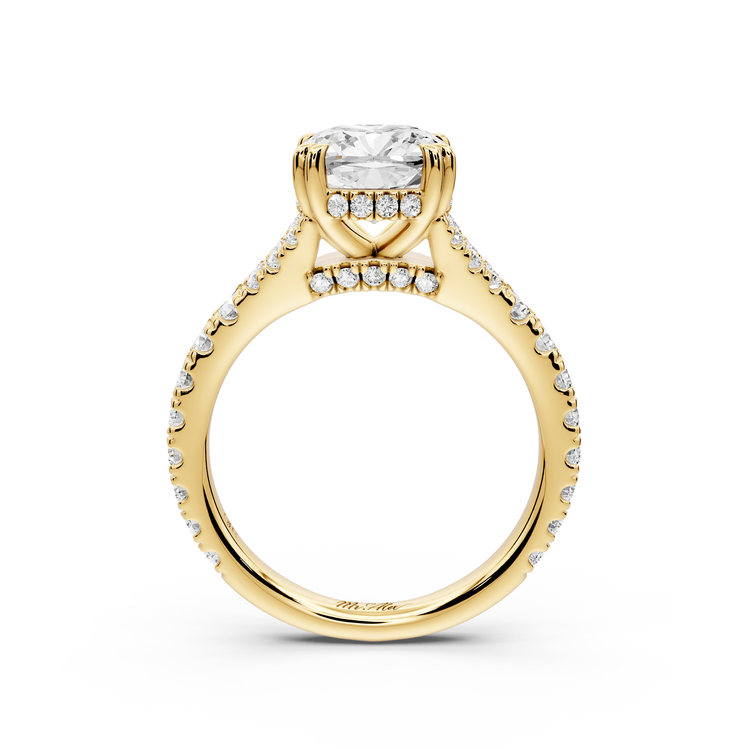 Rosalie - 2ct 18k yellow gold cushion Pavé Cathedral Hidden Halo with Diamond Bridge split shank Engagement Ring - Mr. Alex Jewelry