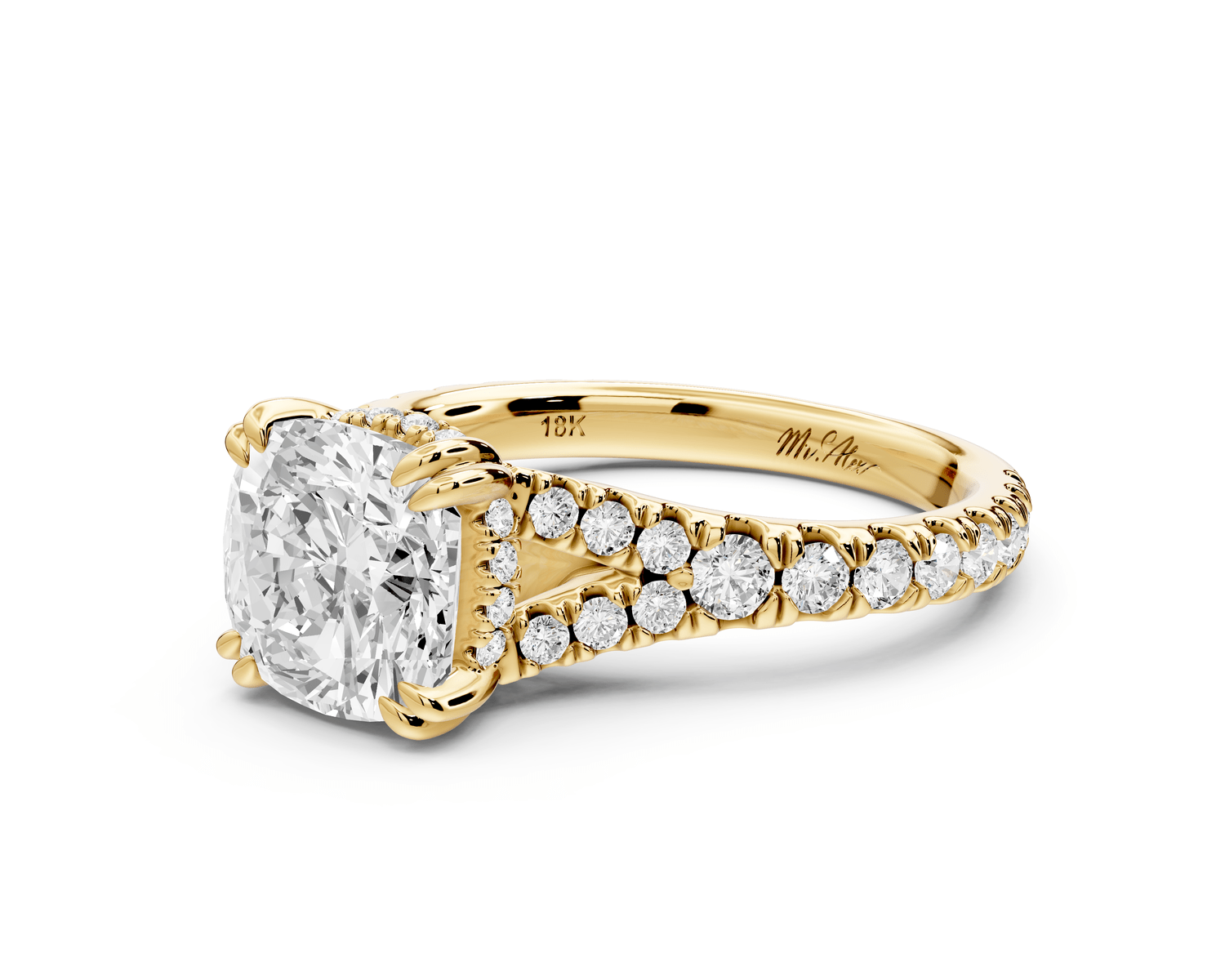 Rosalie - 2ct 18k yellow gold cushion Pavé Cathedral Hidden Halo with Diamond Bridge split shank Engagement Ring - Mr. Alex Jewelry