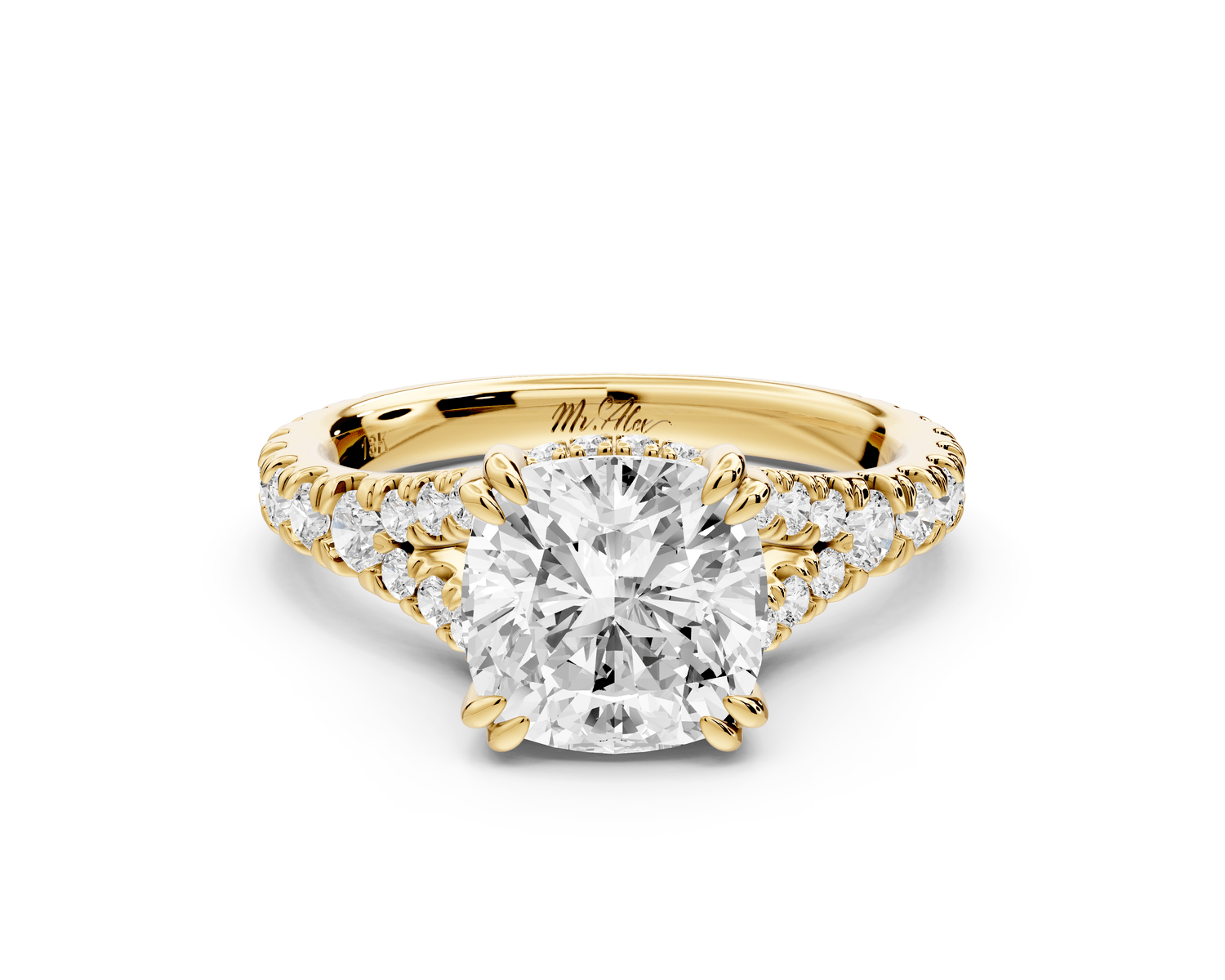 Rosalie - 2ct 18k yellow gold cushion Pavé Cathedral Hidden Halo with Diamond Bridge split shank Engagement Ring - Mr. Alex Jewelry