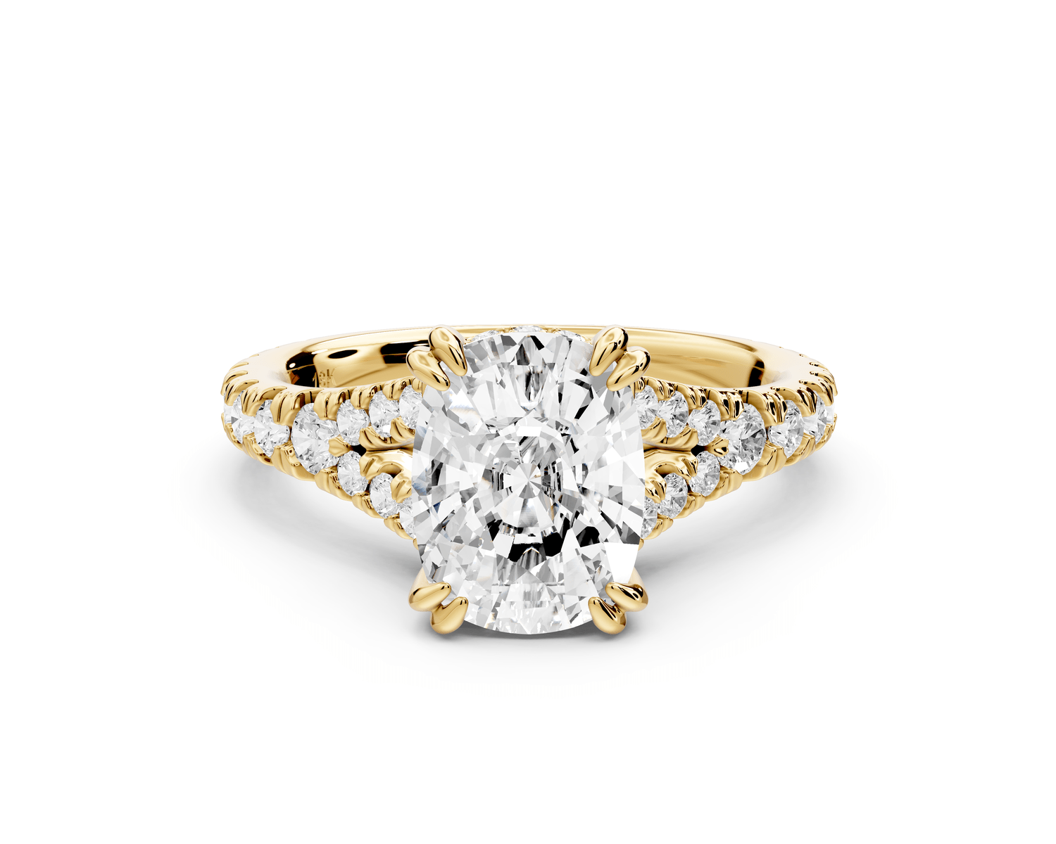 Rosalie - 2ct 18k yellow gold ecushion Pavé Cathedral Hidden Halo with Diamond Bridge split shank Engagement Ring - Mr. Alex Jewelry