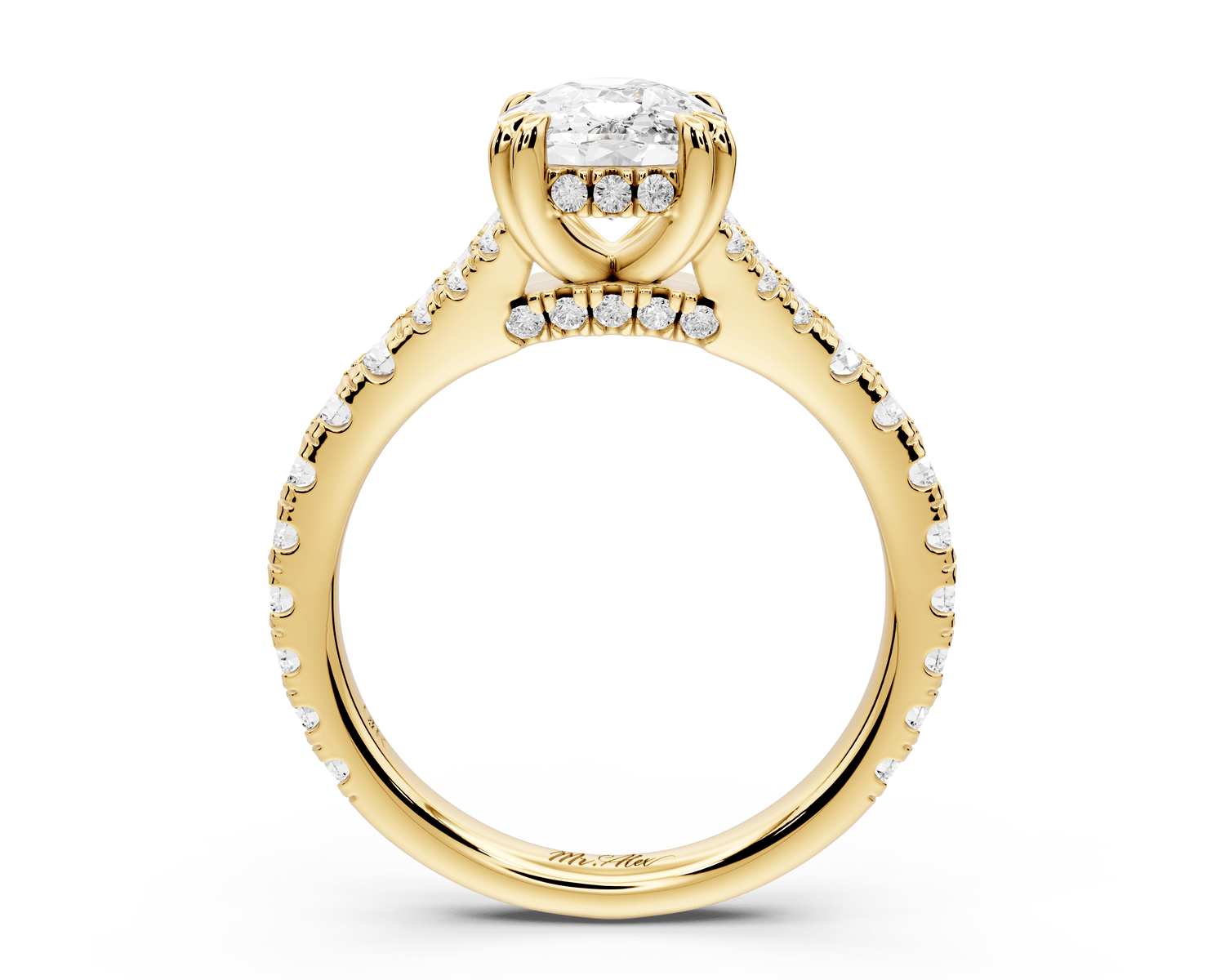 Rosalie - 2ct 18k yellow gold ecushion Pavé Cathedral Hidden Halo with Diamond Bridge split shank Engagement Ring - Mr. Alex Jewelry