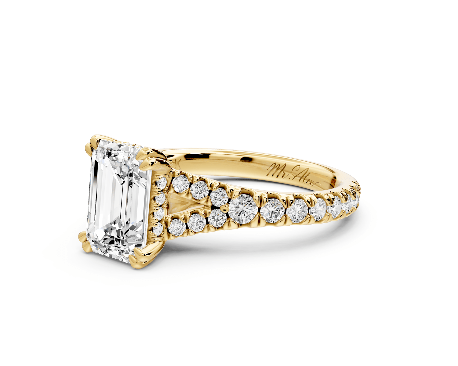 Rosalie - 2ct 18k yellow gold emerald Pavé Cathedral Hidden Halo with Diamond Bridge split shank Engagement Ring - Mr. Alex Jewelry