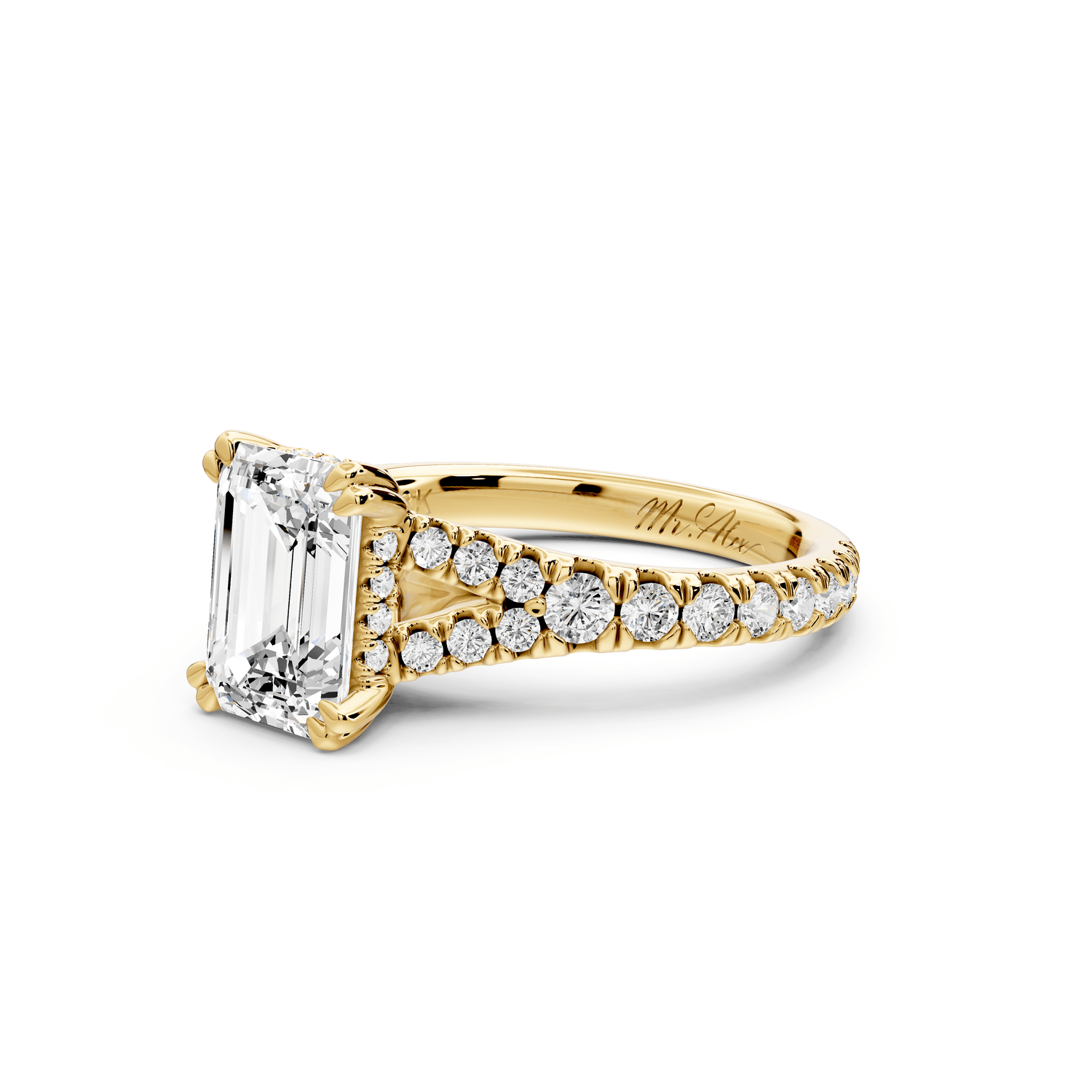 Rosalie - 2ct 18k yellow gold emerald Pavé Cathedral Hidden Halo with Diamond Bridge split shank Engagement Ring - Mr. Alex Jewelry