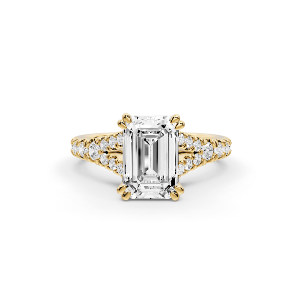 Rosalie - 2ct 18k yellow gold emerald Pavé Cathedral Hidden Halo with Diamond Bridge split shank Engagement Ring - Mr. Alex Jewelry