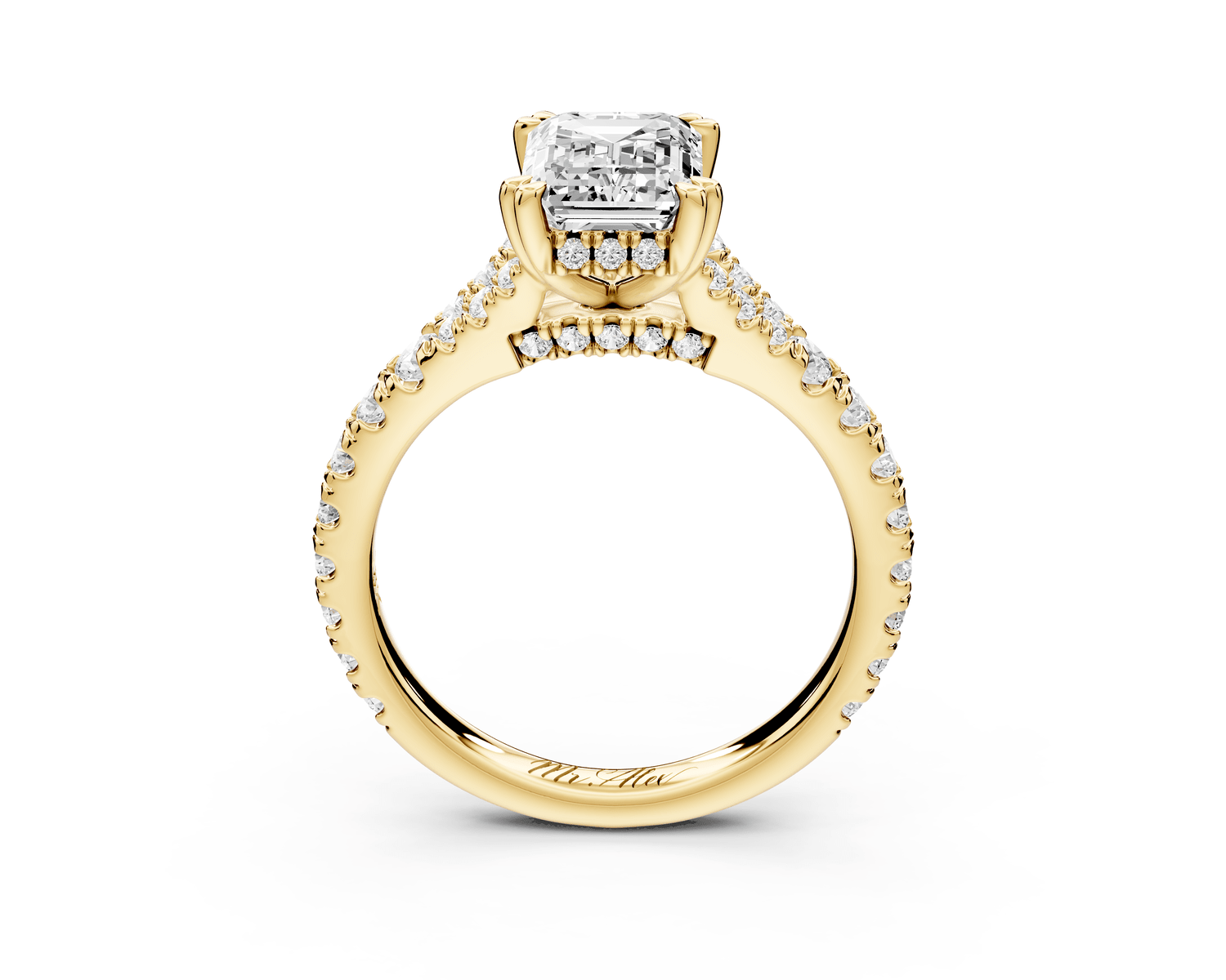 Rosalie - 2ct 18k yellow gold emerald Pavé Cathedral Hidden Halo with Diamond Bridge split shank Engagement Ring - Mr. Alex Jewelry