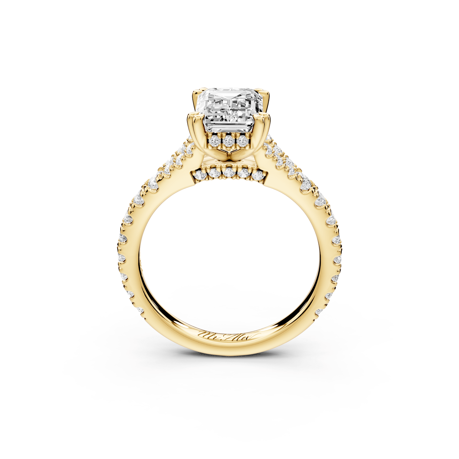 Rosalie - 2ct 18k yellow gold emerald Pavé Cathedral Hidden Halo with Diamond Bridge split shank Engagement Ring - Mr. Alex Jewelry
