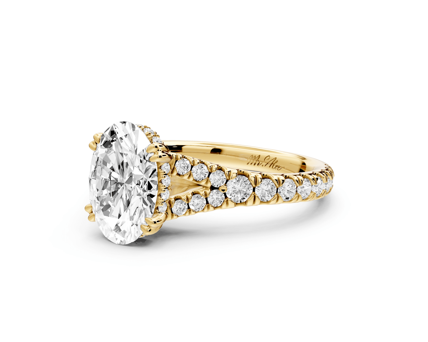Rosalie - 2ct 18k yellow gold oval Pavé Cathedral Hidden Halo with Diamond Bridge split shank Engagement Ring - Mr. Alex Jewelry