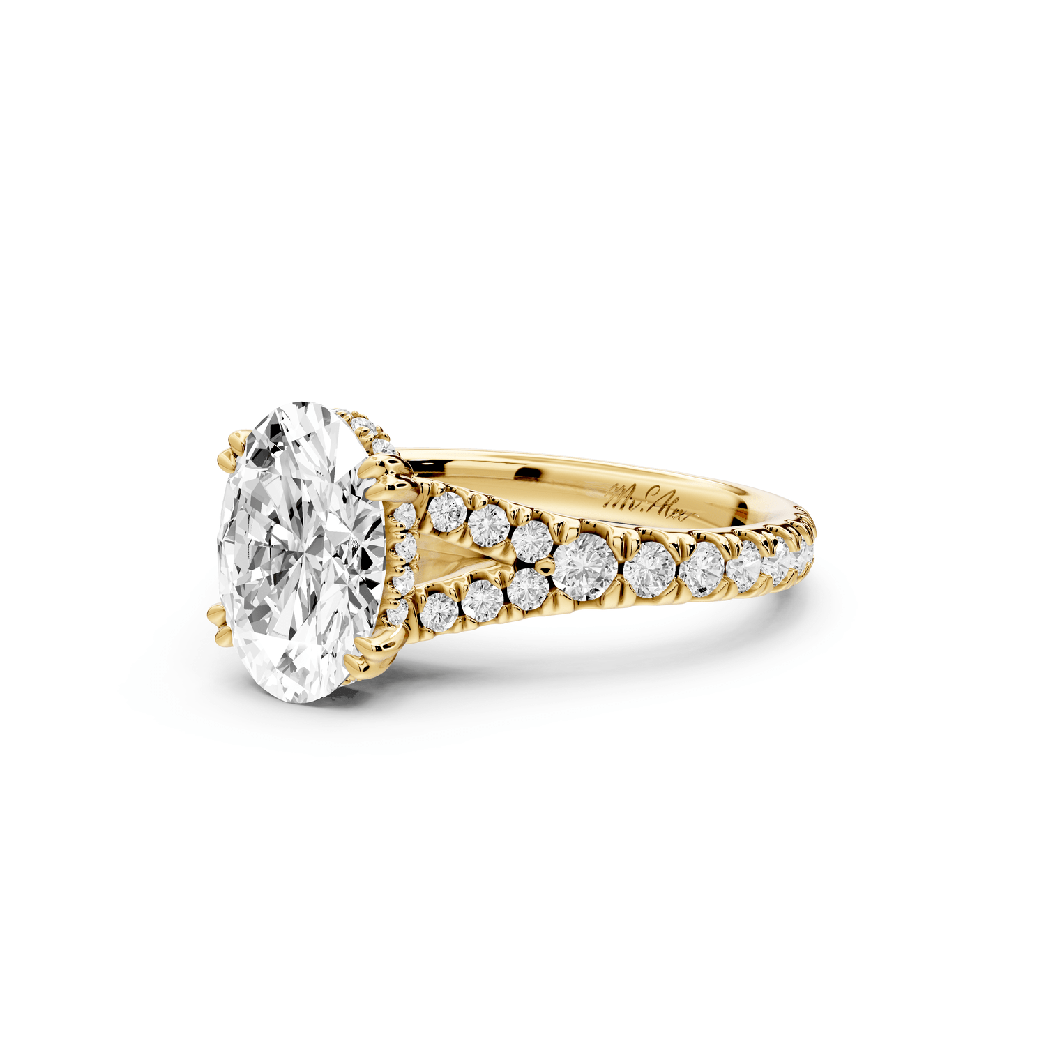 Rosalie - 2ct 18k yellow gold oval Pavé Cathedral Hidden Halo with Diamond Bridge split shank Engagement Ring - Mr. Alex Jewelry