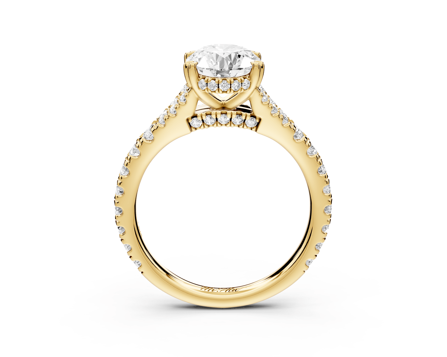 Rosalie - 2ct 18k yellow gold oval Pavé Cathedral Hidden Halo with Diamond Bridge split shank Engagement Ring - Mr. Alex Jewelry