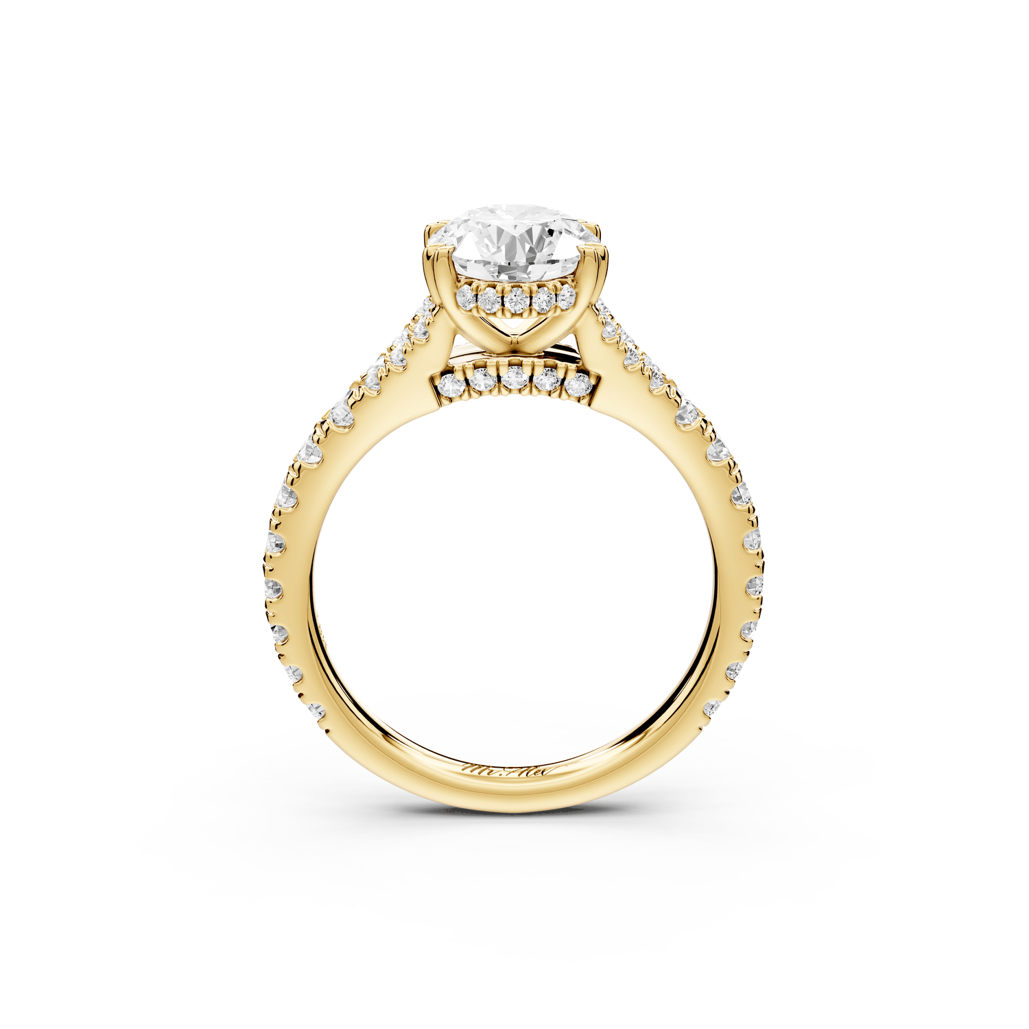 Rosalie - 2ct 18k yellow gold oval Pavé Cathedral Hidden Halo with Diamond Bridge split shank Engagement Ring - Mr. Alex Jewelry