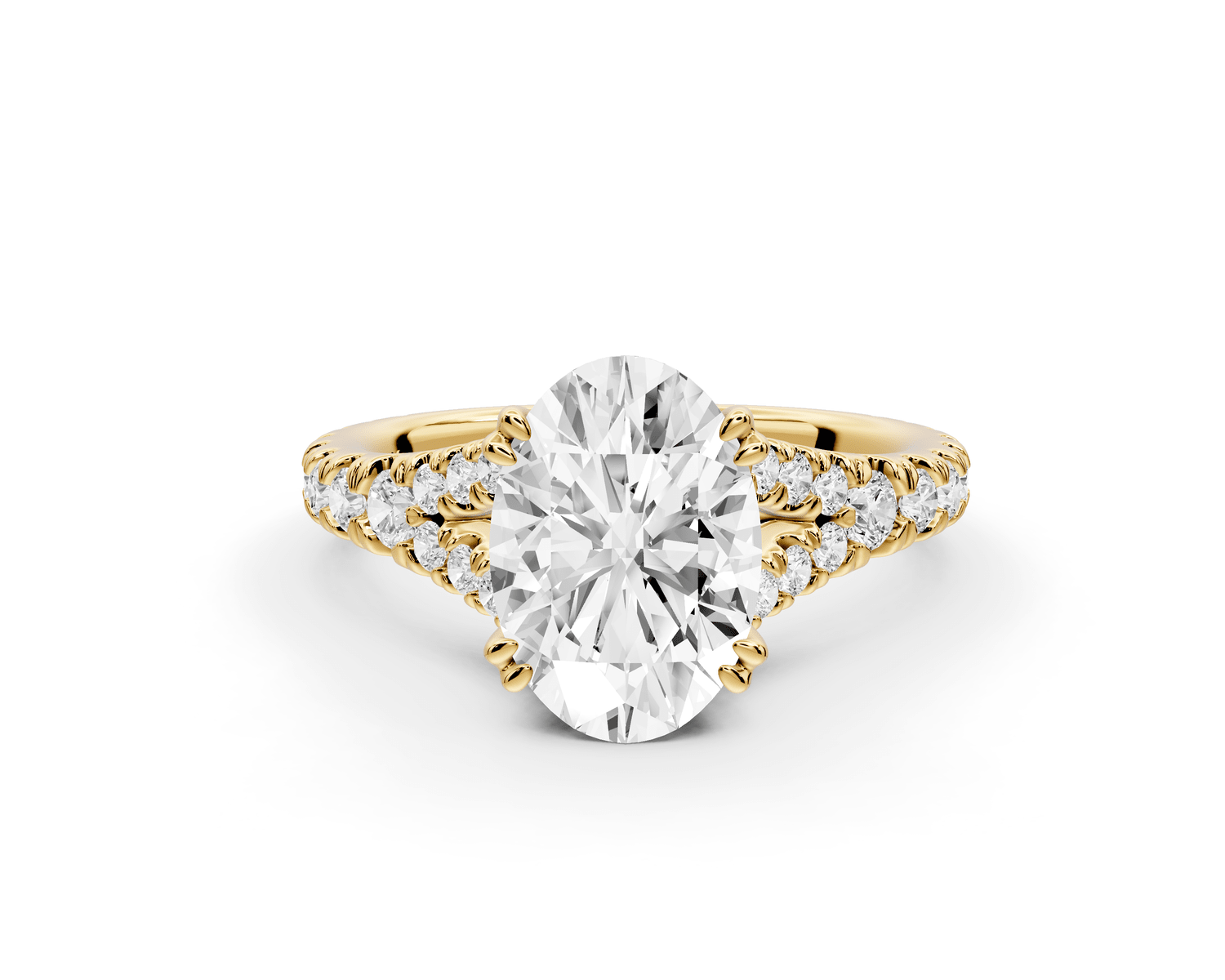 Rosalie - 2ct 18k yellow gold oval Pavé Cathedral Hidden Halo with Diamond Bridge split shank Engagement Ring - Mr. Alex Jewelry