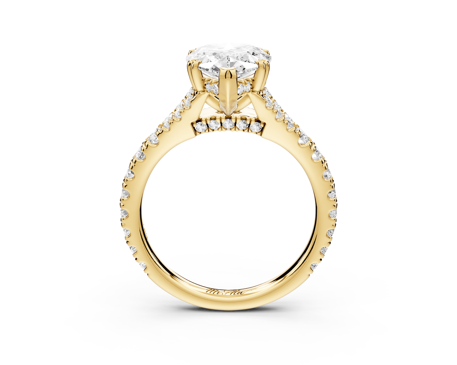 Rosalie - 2ct 18k yellow gold pear Pavé Cathedral Hidden Halo with Diamond Bridge split shank Engagement Ring - Mr. Alex Jewelry