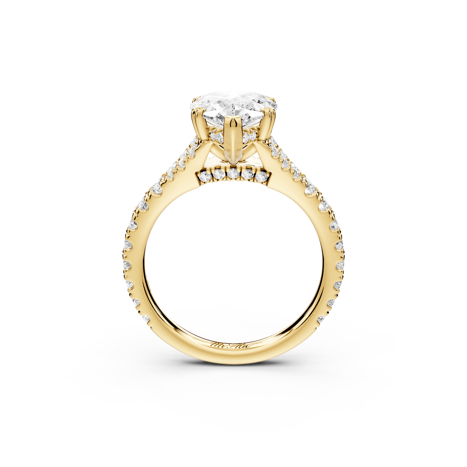 Rosalie - 2ct 18k yellow gold pear Pavé Cathedral Hidden Halo with Diamond Bridge split shank Engagement Ring - Mr. Alex Jewelry