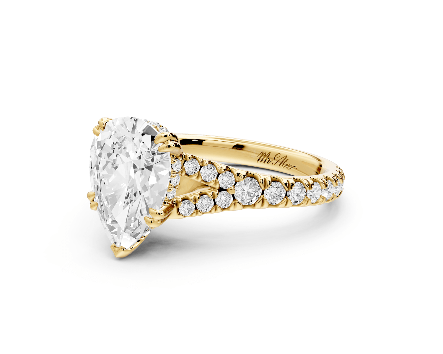 Rosalie - 2ct 18k yellow gold pear Pavé Cathedral Hidden Halo with Diamond Bridge split shank Engagement Ring - Mr. Alex Jewelry