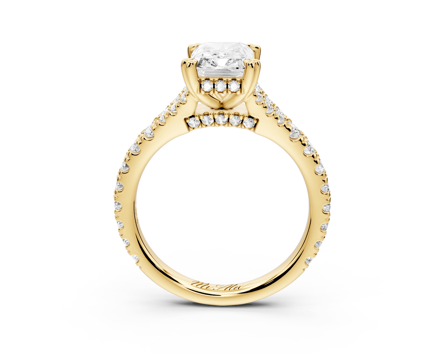 Rosalie - 2ct 18k yellow gold radiant Pavé Cathedral Hidden Halo with Diamond Bridge split shank Engagement Ring - Mr. Alex Jewelry
