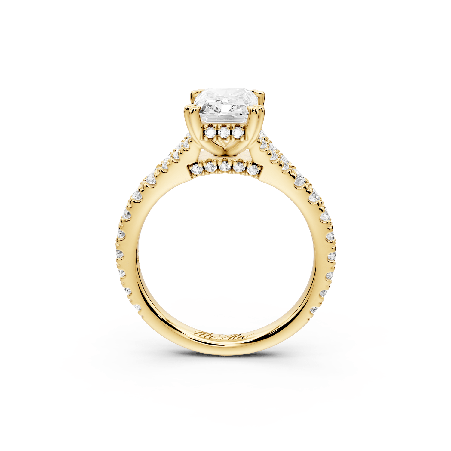 Rosalie - 2ct 18k yellow gold radiant Pavé Cathedral Hidden Halo with Diamond Bridge split shank Engagement Ring - Mr. Alex Jewelry
