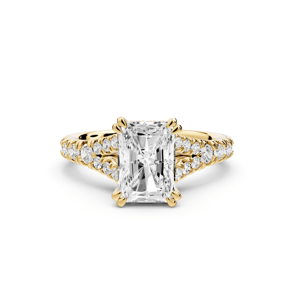 Rosalie - 2ct 18k yellow gold radiant Pavé Cathedral Hidden Halo with Diamond Bridge split shank Engagement Ring - Mr. Alex Jewelry