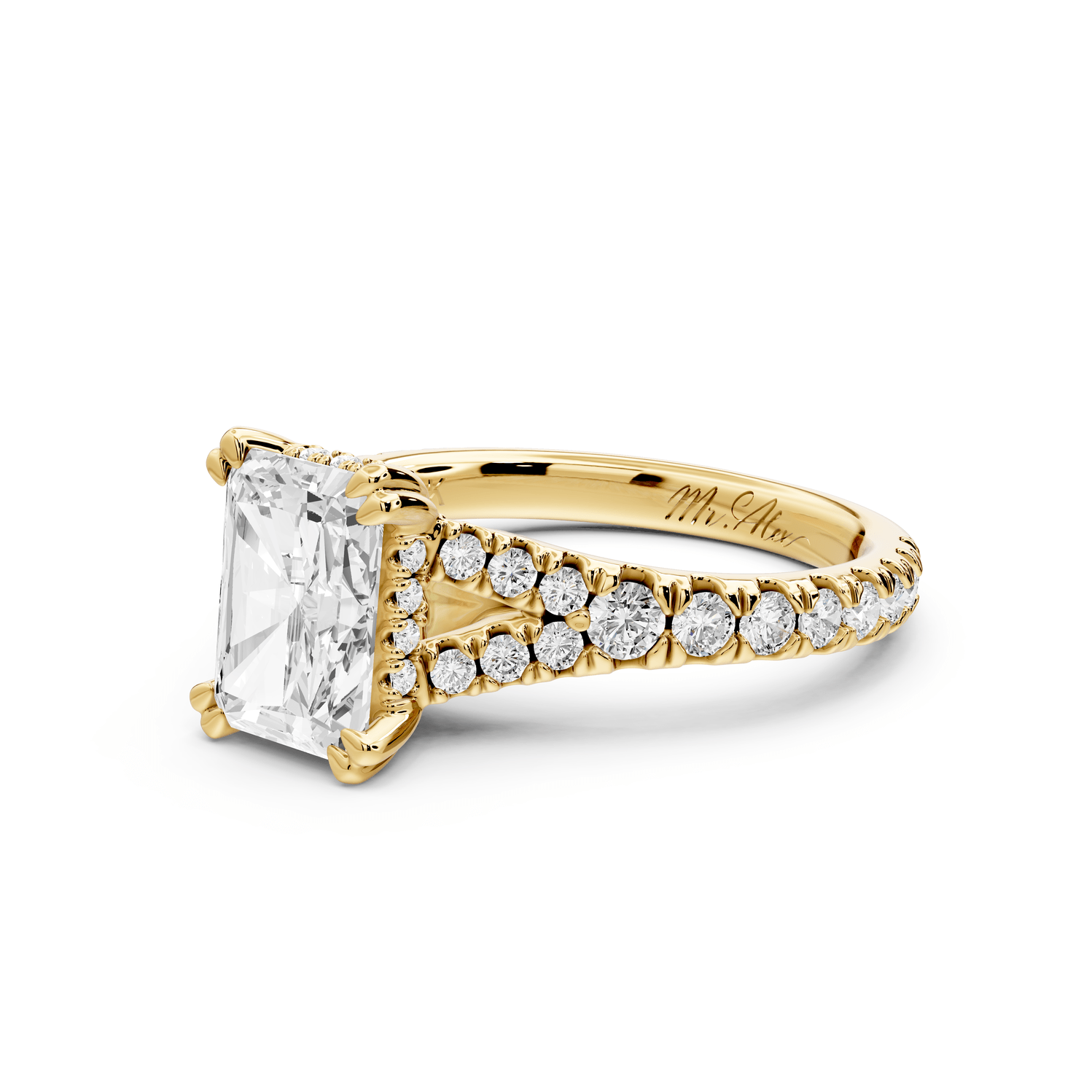 Rosalie - 2ct 18k yellow gold radiant Pavé Cathedral Hidden Halo with Diamond Bridge split shank Engagement Ring - Mr. Alex Jewelry