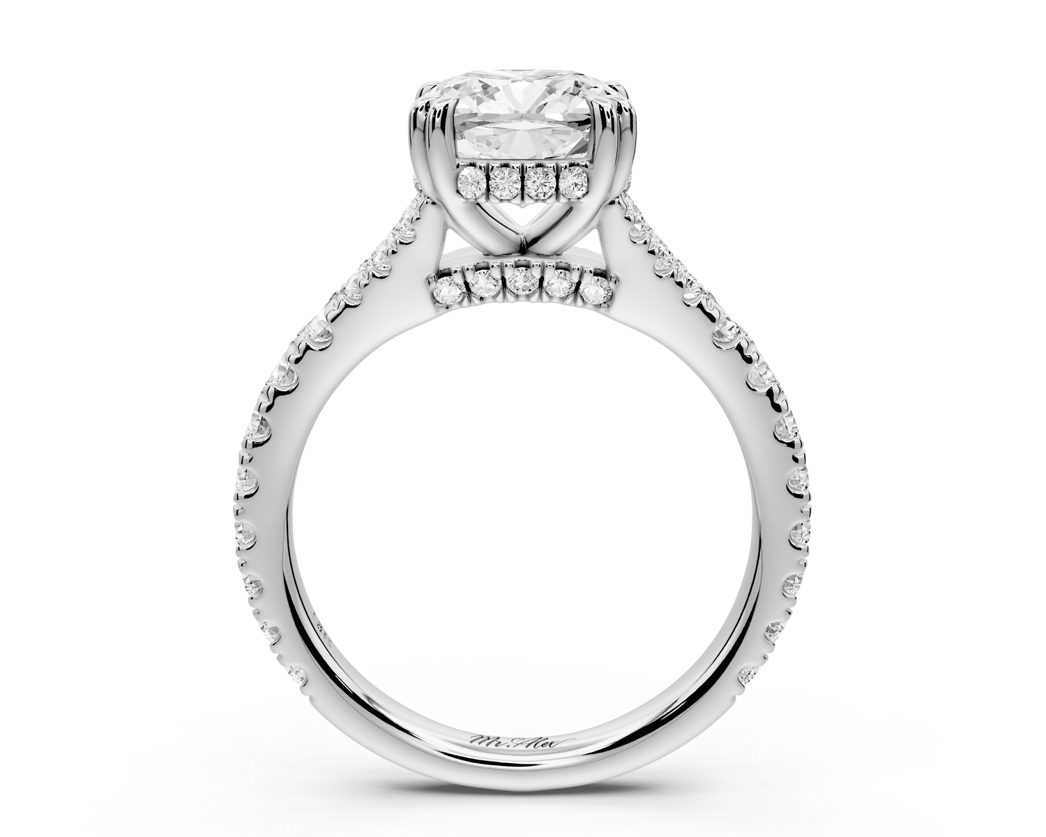 Rosalie - 2ct platinum cushion Pavé Cathedral Hidden Halo with Diamond Bridge split shank Engagement Ring - Mr. Alex Jewelry
