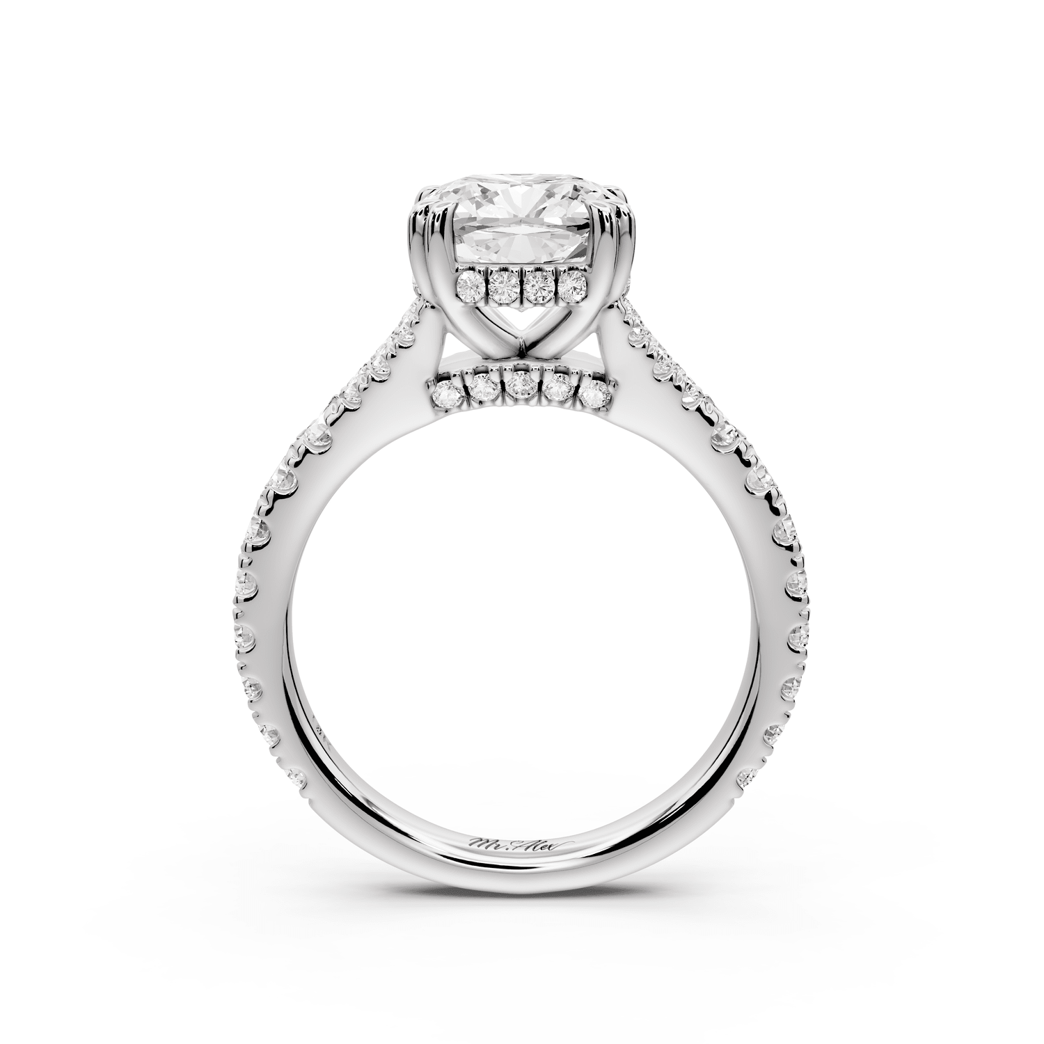 Rosalie - 2ct platinum cushion Pavé Cathedral Hidden Halo with Diamond Bridge split shank Engagement Ring - Mr. Alex Jewelry